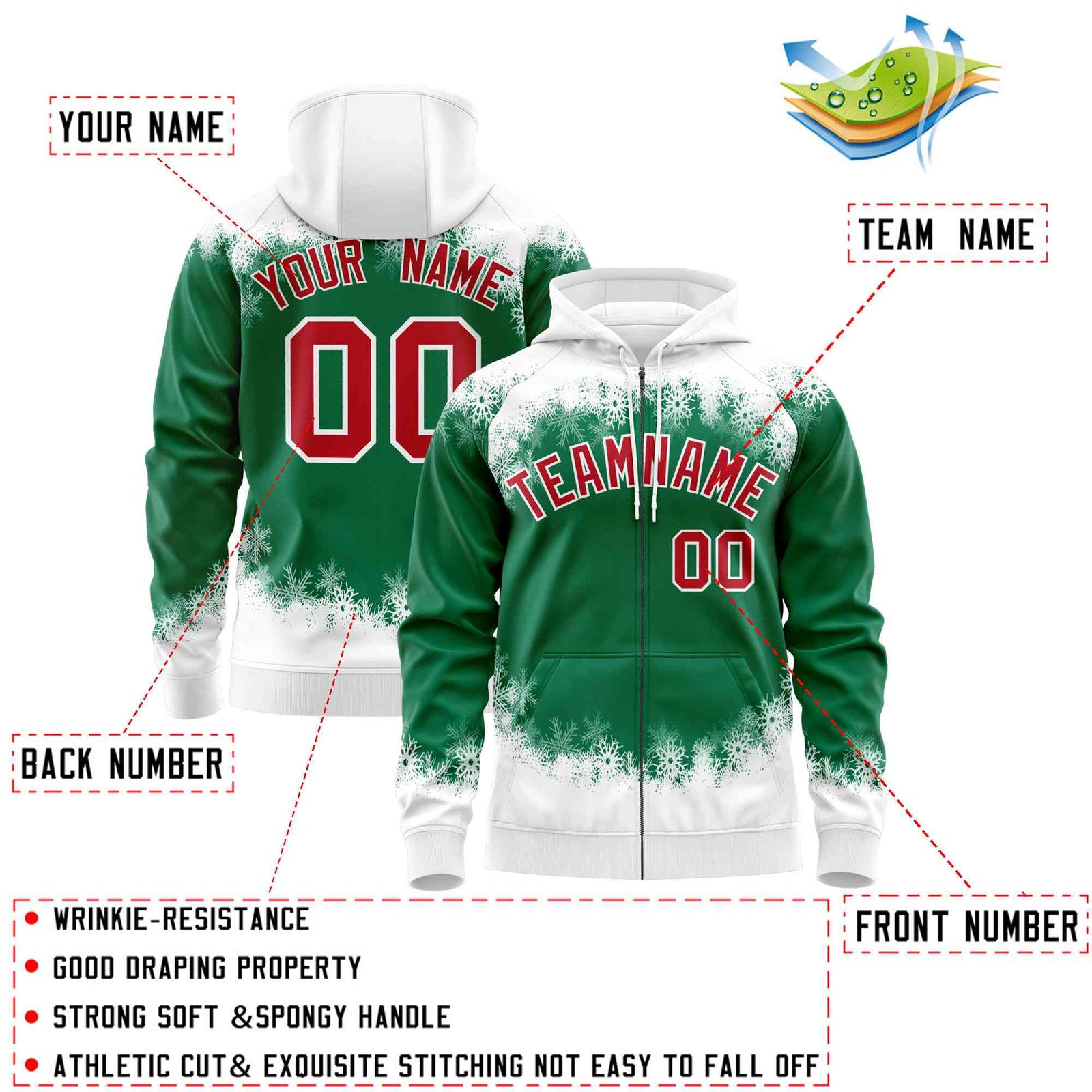 Custom Kelly Green White Christmas Graffiti Pattern Athletic Full-Zip Hoodie