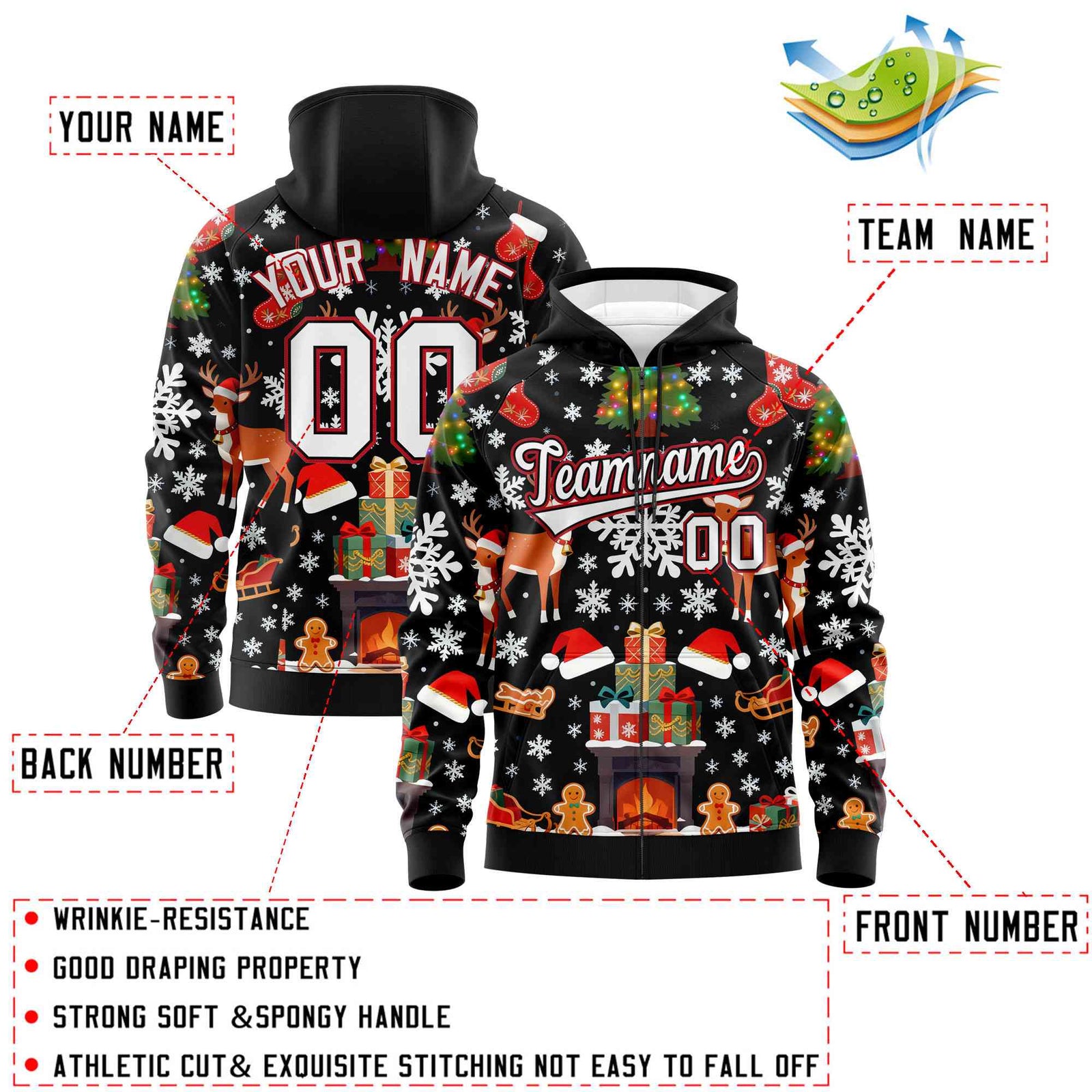 Custom Black White Christmas Graffiti Pattern Athletic Full-Zip Hoodie| KXKSHOP