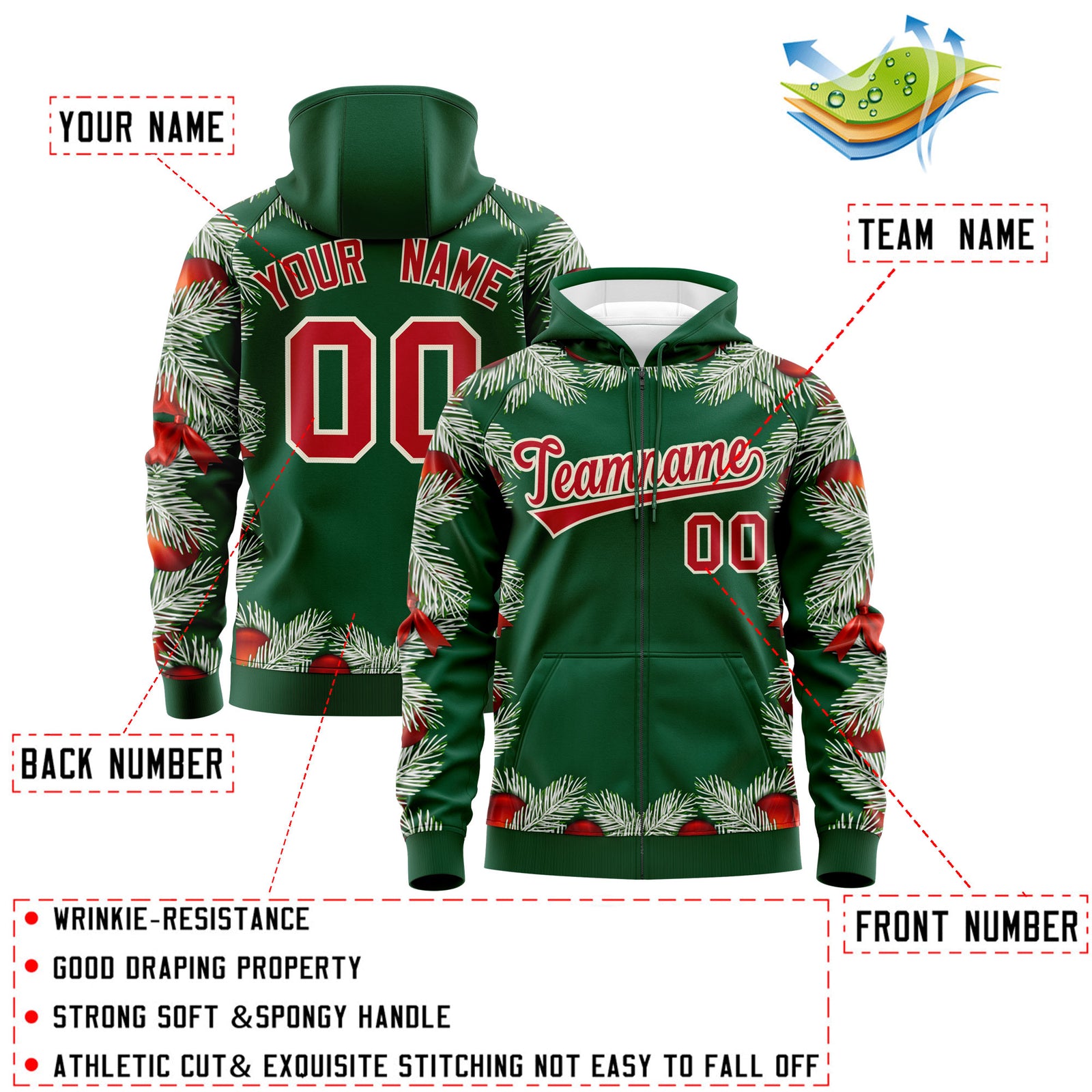 Custom Kelly Green Red Christmas Graffiti Pattern Athletic Full-Zip Hoodie| KXKSHOP