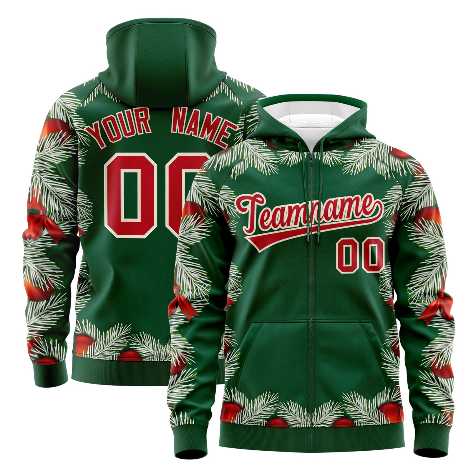 Custom Kelly Green Red Christmas Graffiti Pattern Athletic Full-Zip Hoodie| KXKSHOP