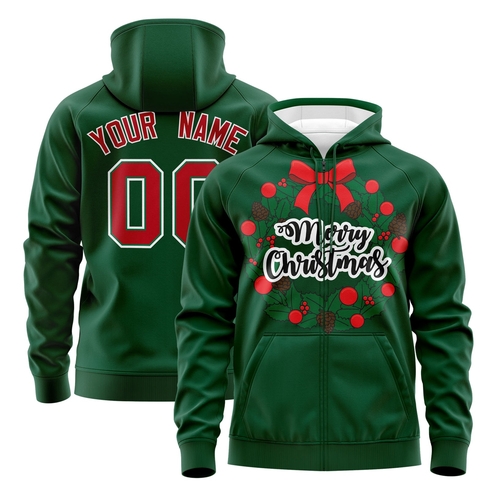 Custom Kelly Green Red Christmas Graffiti Pattern Athletic Full-Zip Hoodie| KXKSHOP