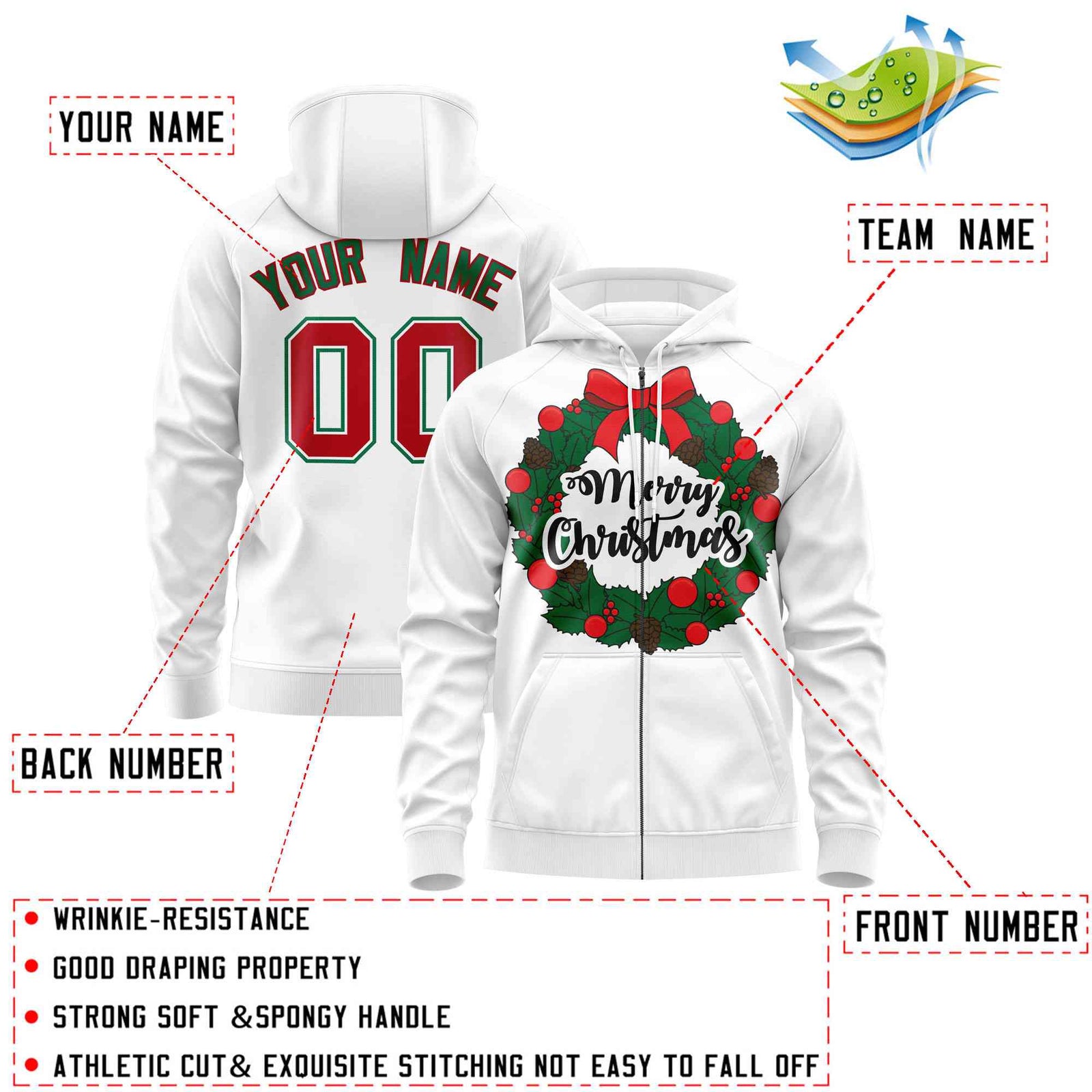 Custom White Red Christmas Graffiti Pattern Athletic Full-Zip Hoodie| KXKSHOP