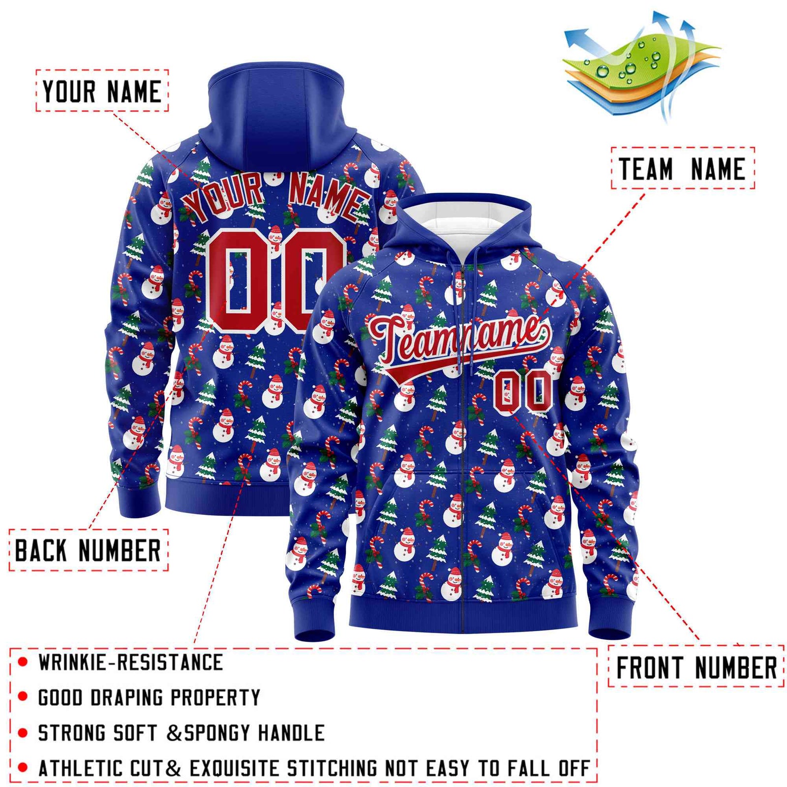 Custom Royal Blue Red Christmas Graffiti Pattern Athletic Full-Zip Hoodie| KXKSHOP