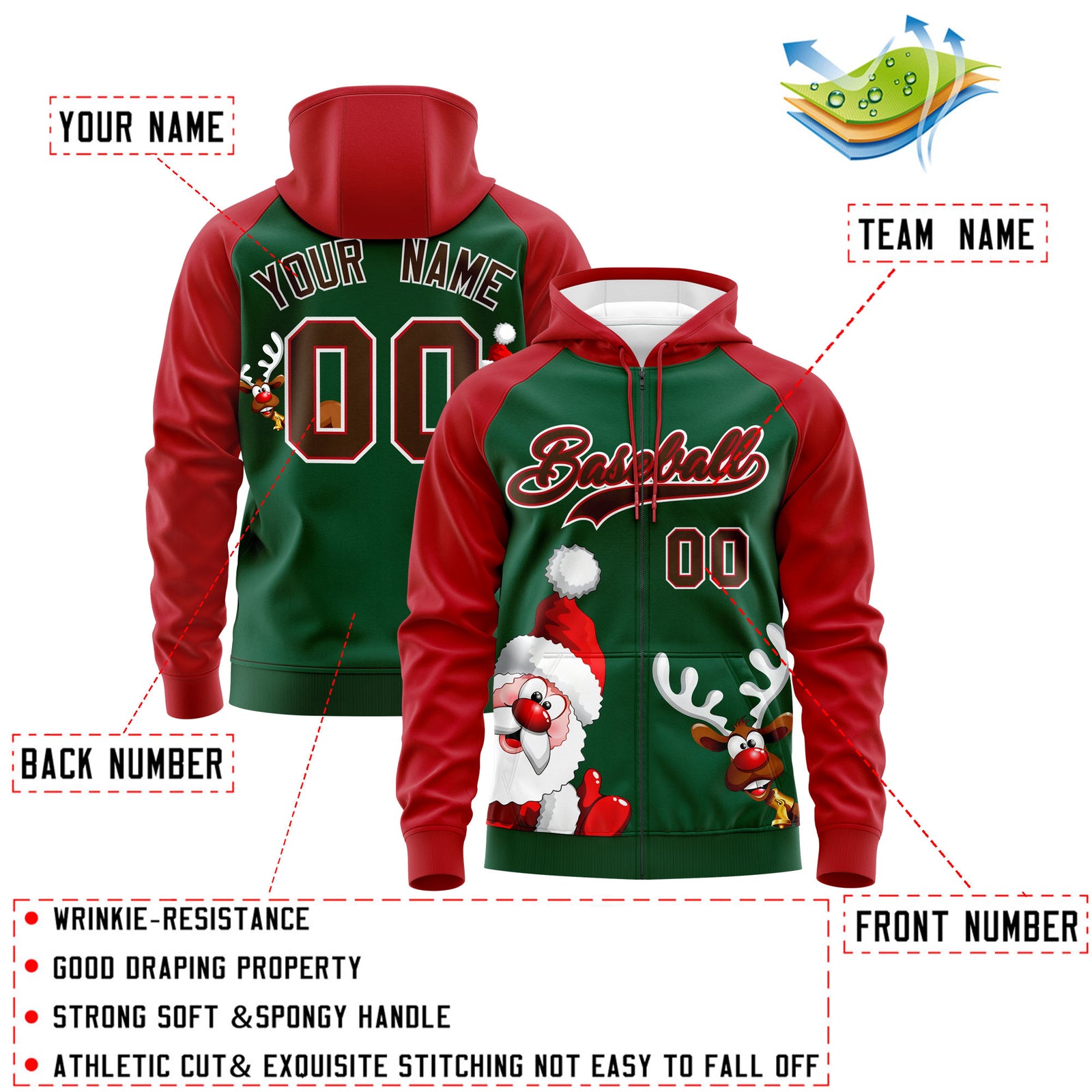 Custom Kelly Green Red Christmas Graffiti Pattern Athletic Full-Zip Hoodie