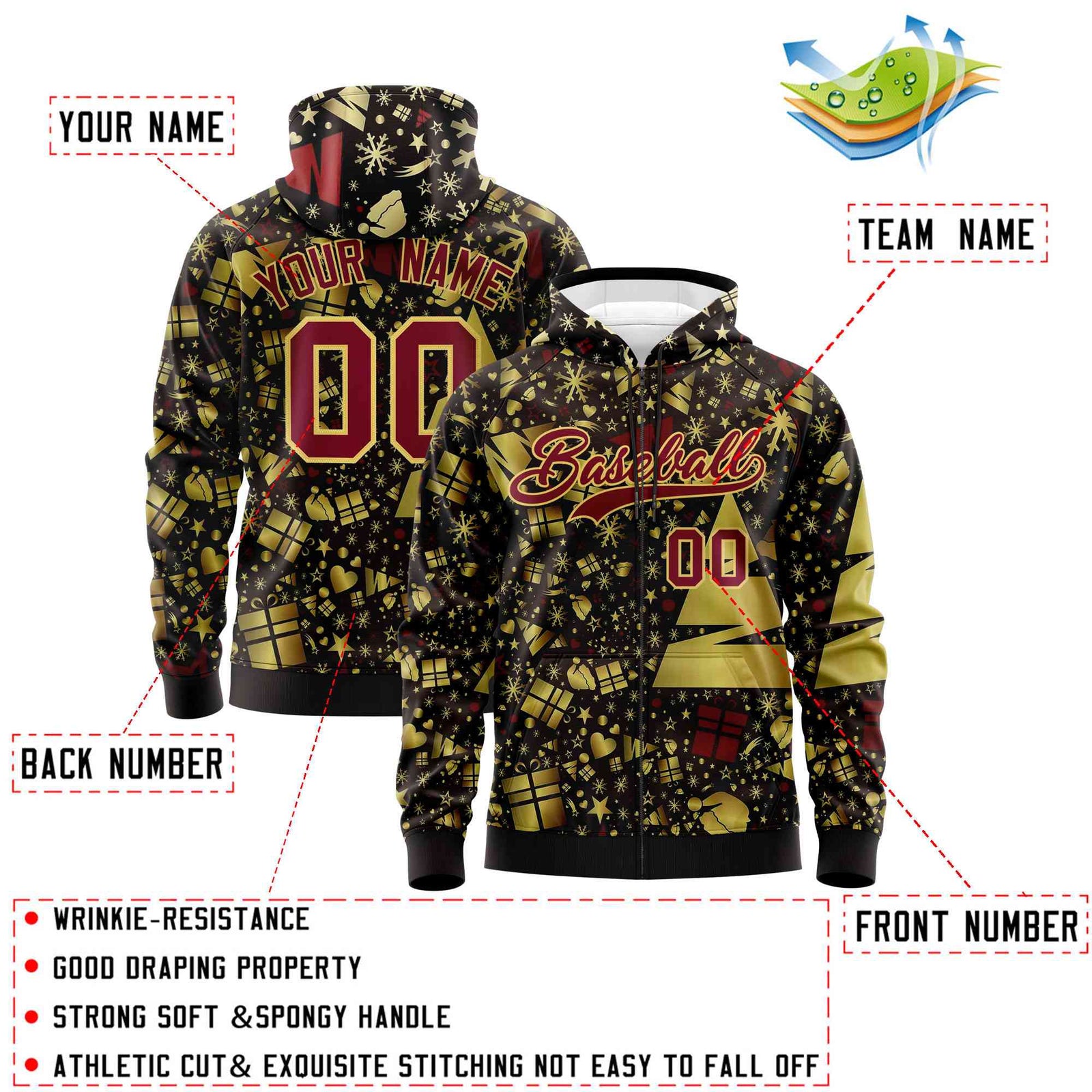 Custom Brown Crimson Christmas Graffiti Pattern Athletic Full-Zip Hoodie