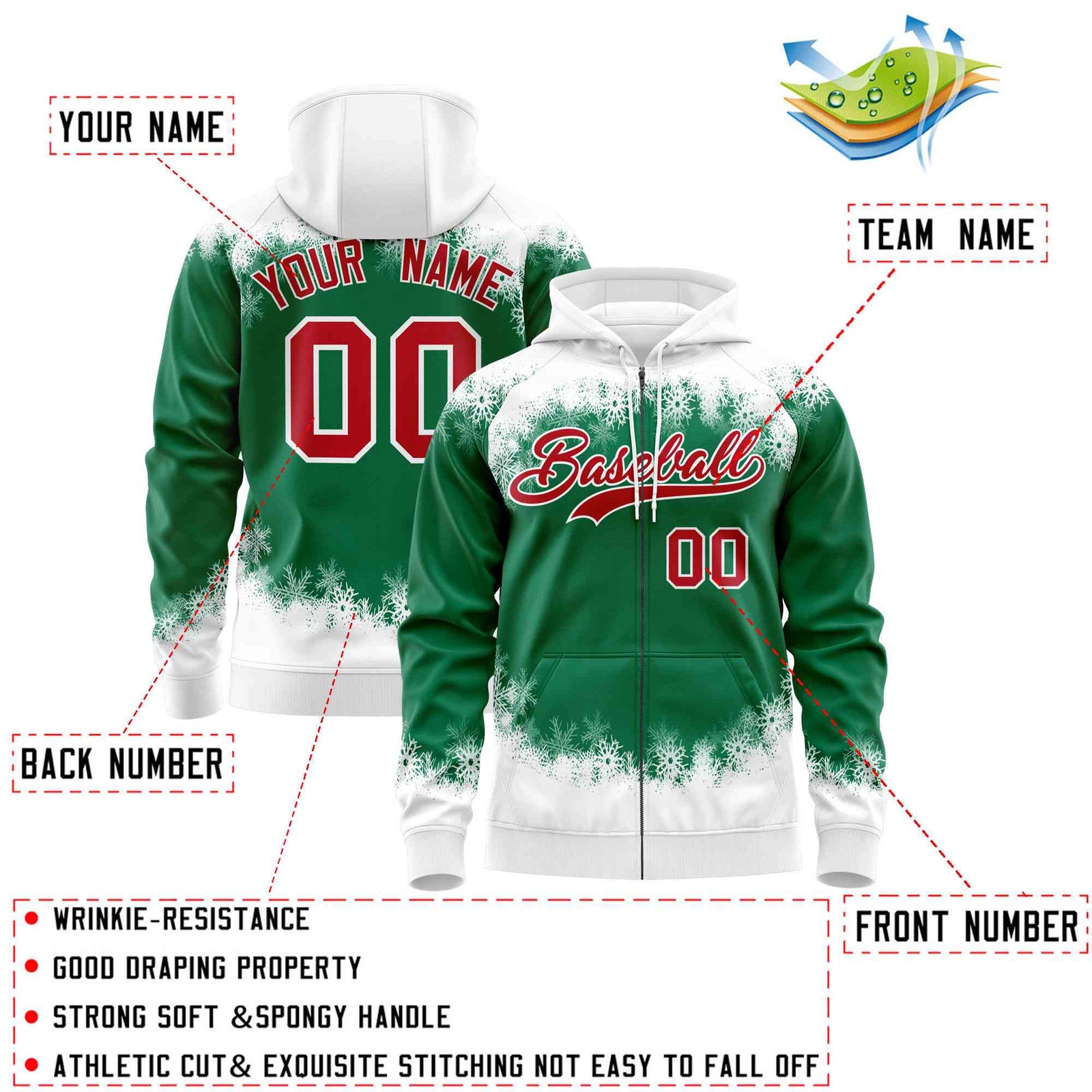 Custom Kelly Green White Christmas Graffiti Pattern Athletic Full-Zip Hoodie