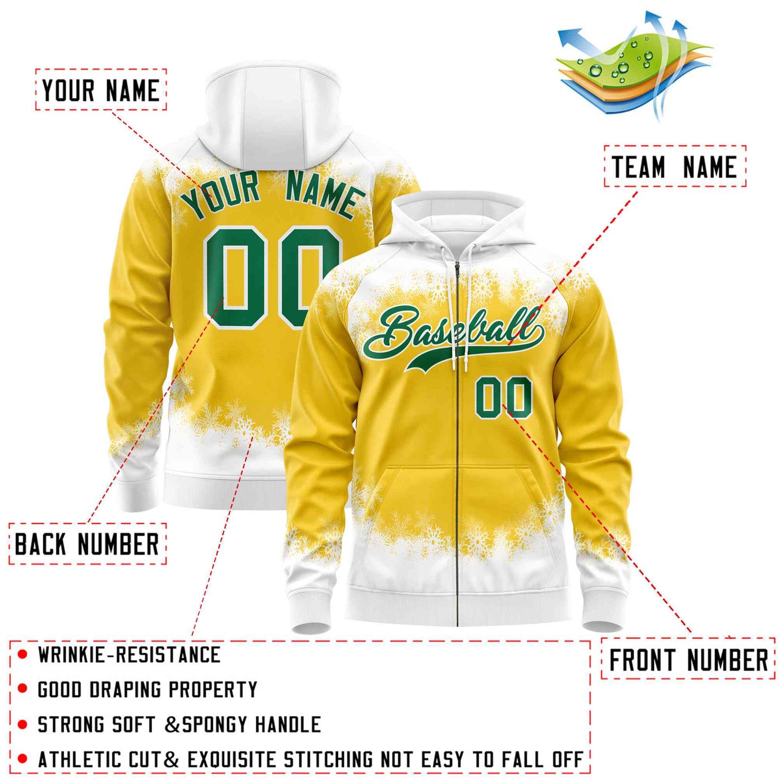 Custom Gold White Christmas Graffiti Pattern Athletic Full-Zip Hoodie