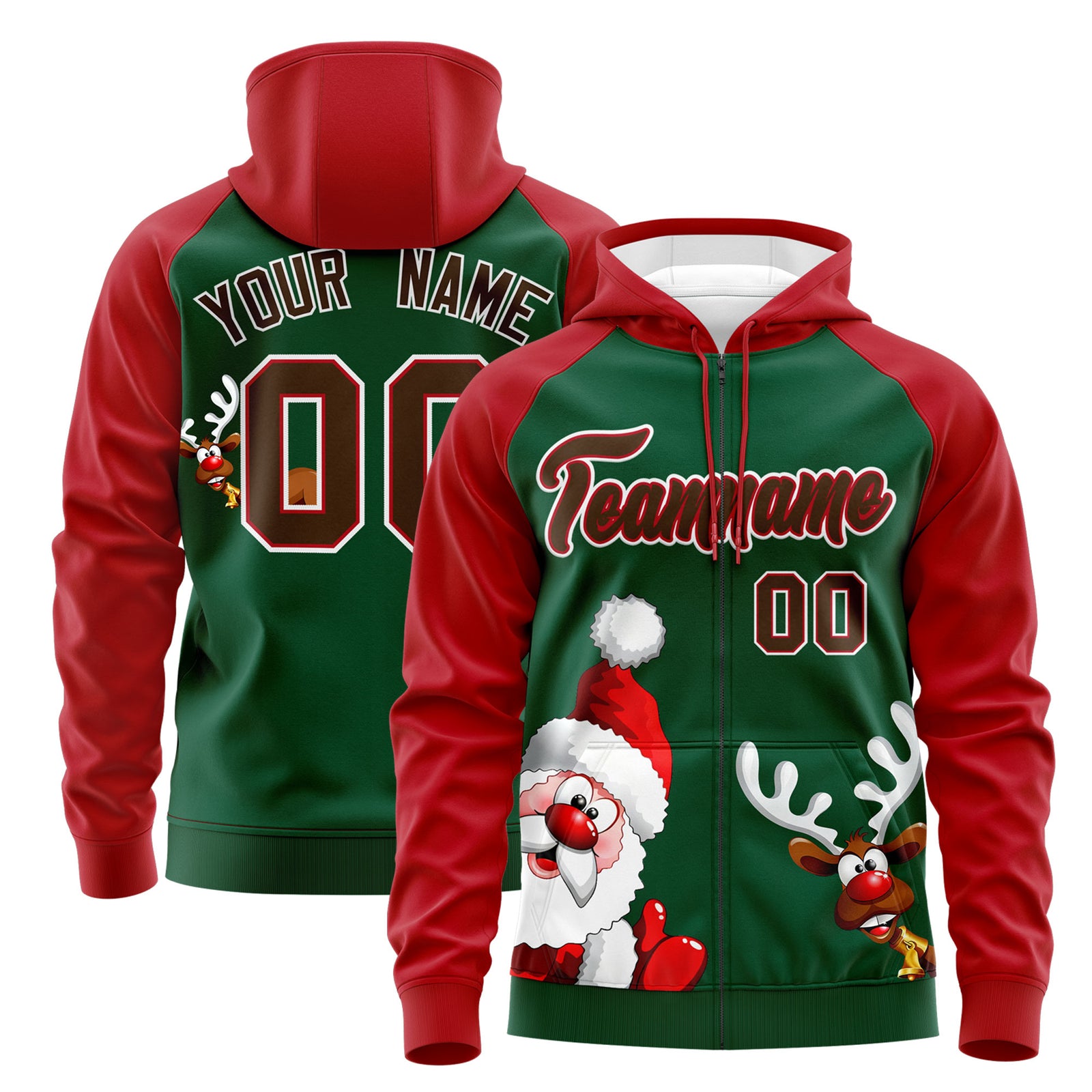 Custom Kelly Green Red Christmas Graffiti Pattern Athletic Full-Zip Hoodie