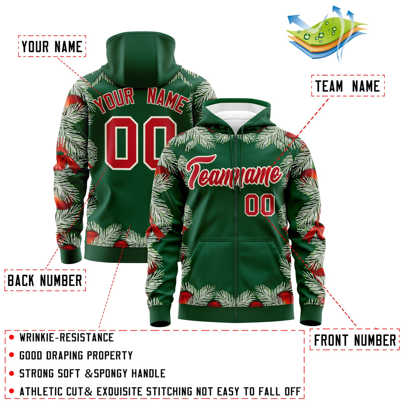 Custom Kelly Green Red Christmas Graffiti Pattern Athletic Full-Zip Hoodie