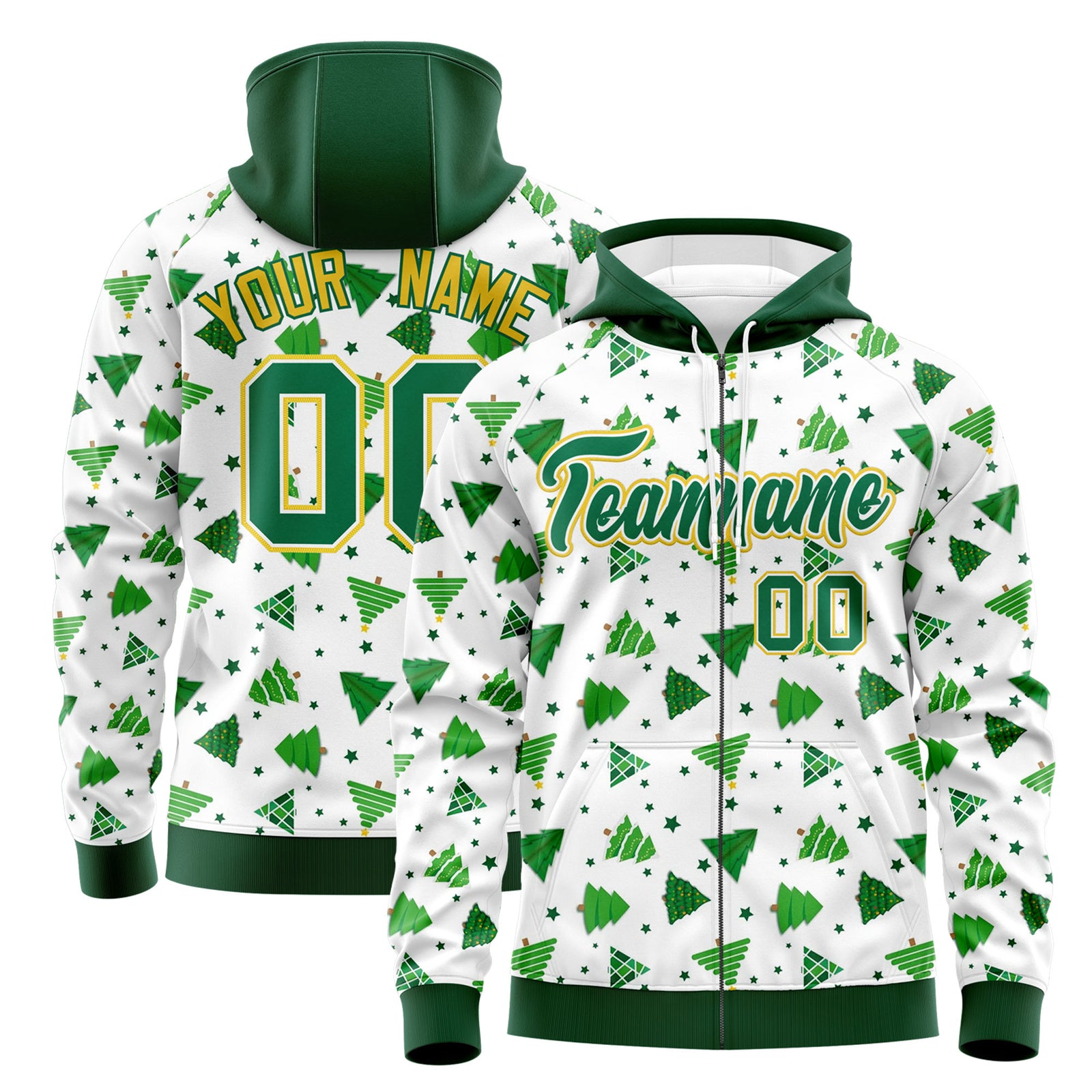 Custom White Kelly Green Christmas Graffiti Pattern Athletic Full-Zip Hoodie