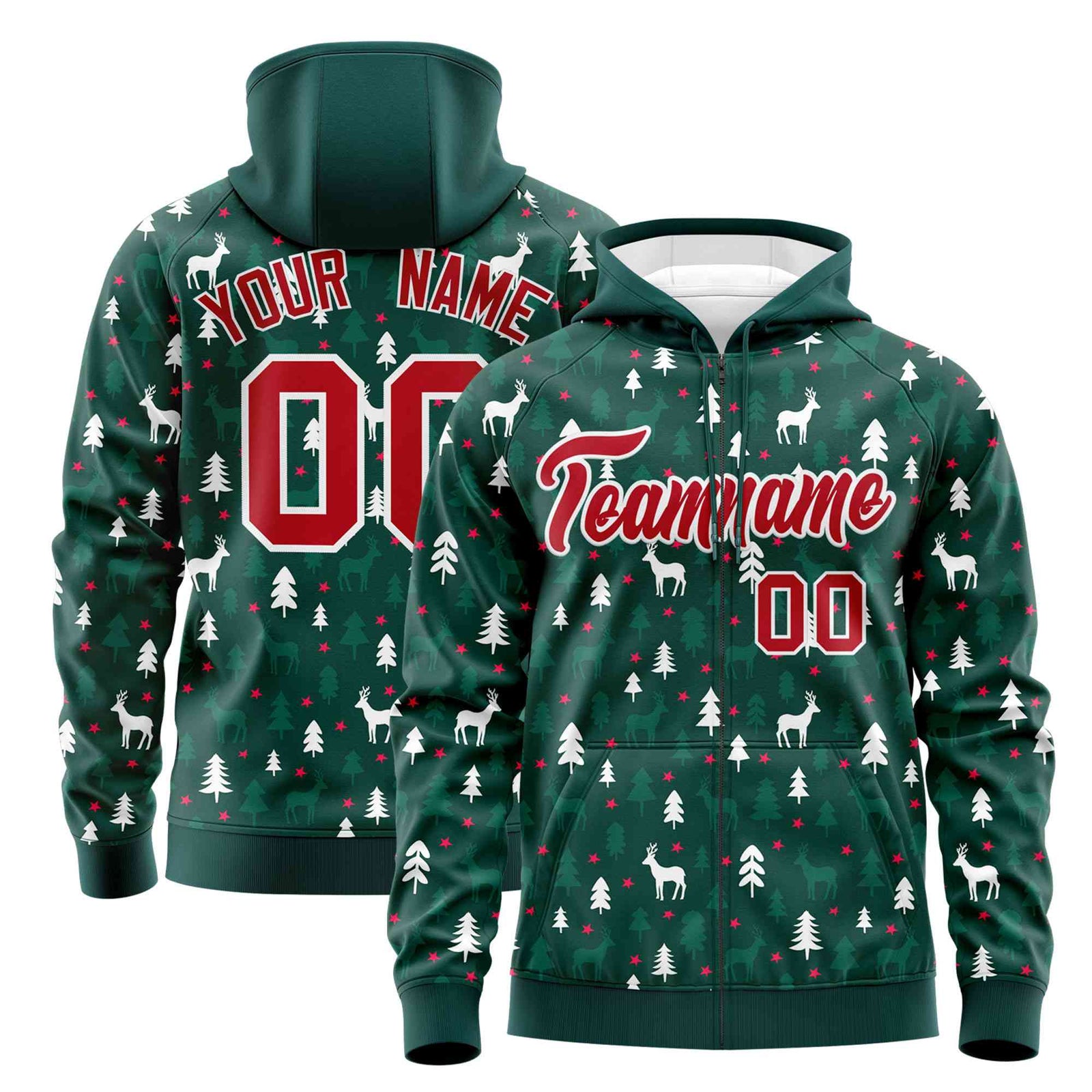 Custom Midnight Green Red Christmas Graffiti Pattern Athletic Full-Zip Hoodie