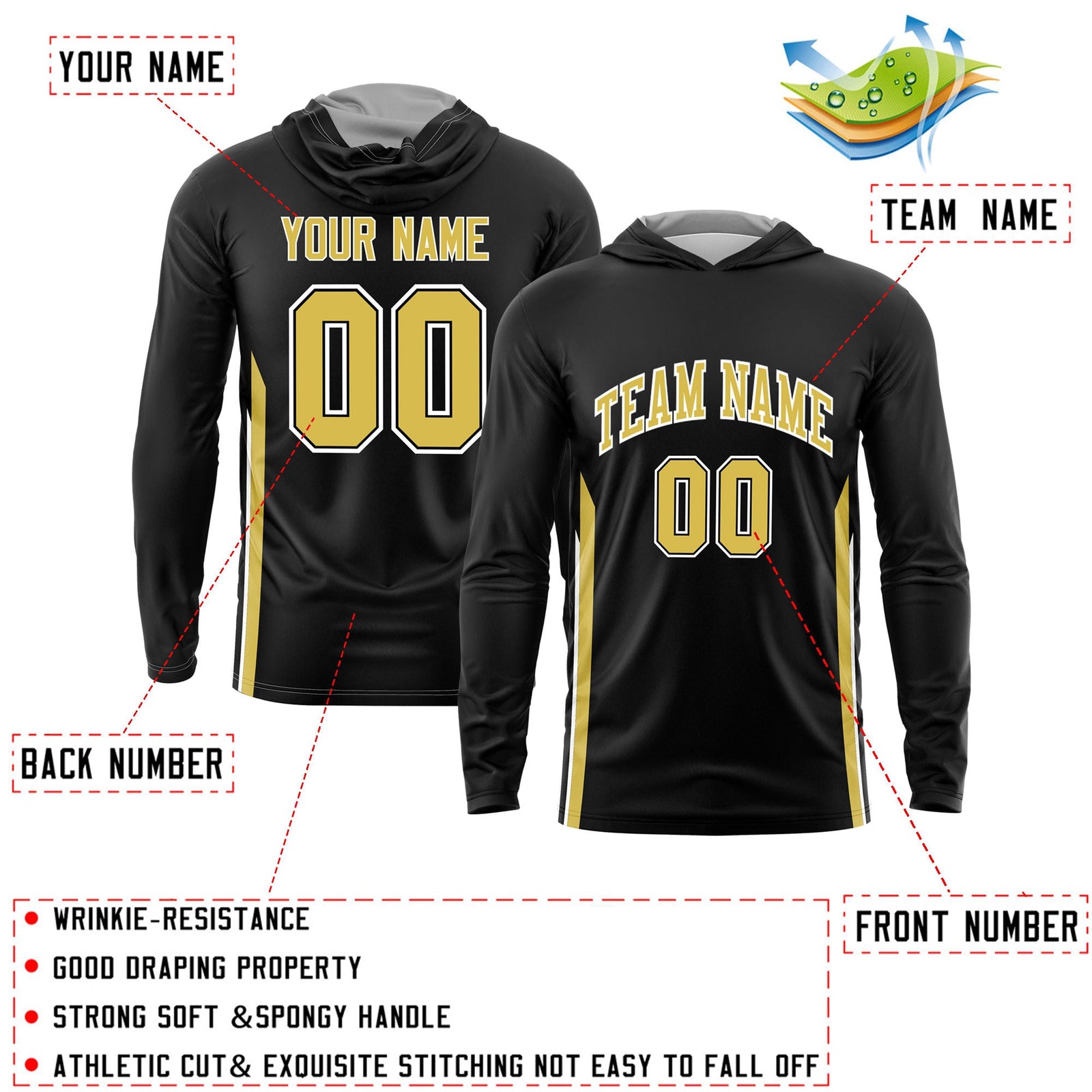 Custom Black Gold Basketball Shooting Shirt Performance Training Lightweight Hoodie| KXKSHOP
