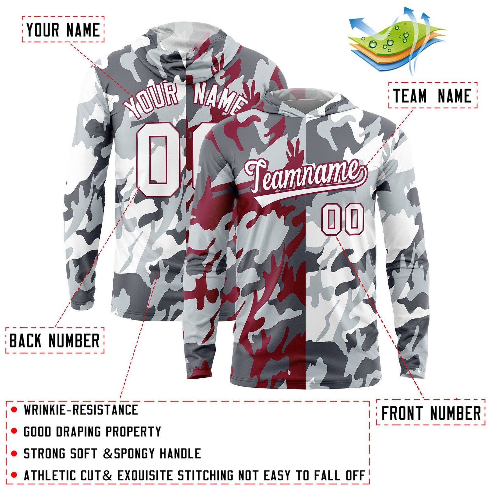Custom Gray Crimson-Silver Personalized Camo Design Quick Dry Lightweight Hoodie