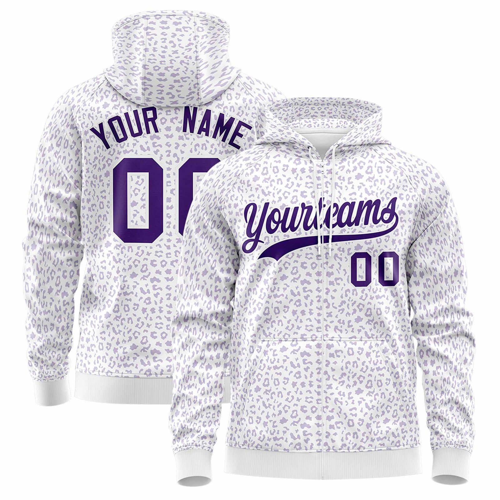 Custom Purple Light Purple Varsity Full-Zip Letterman Leopard Print Hoodie Jacket