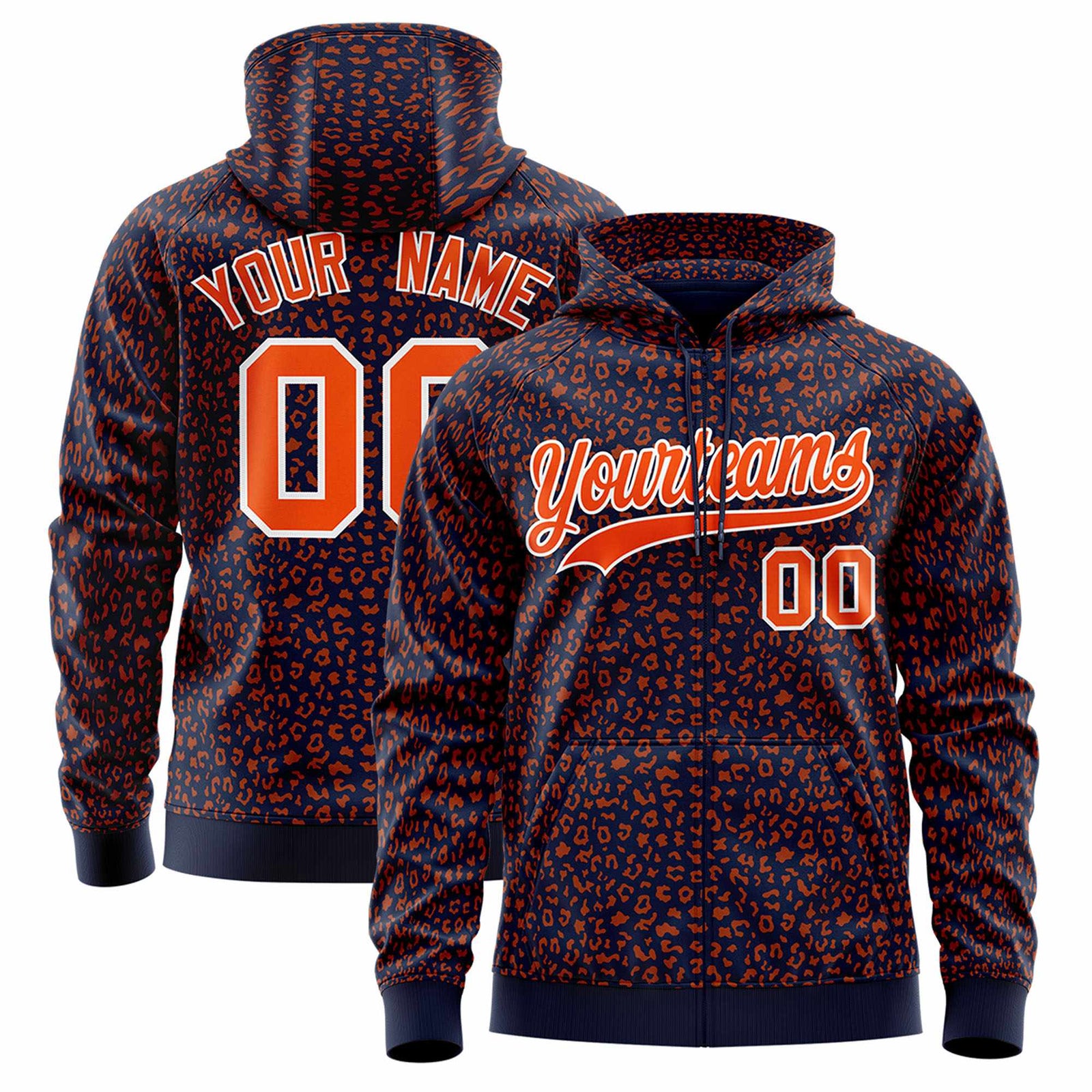Custom Navy Orange Varsity Full-Zip Letterman Leopard Print Hoodie Jacket