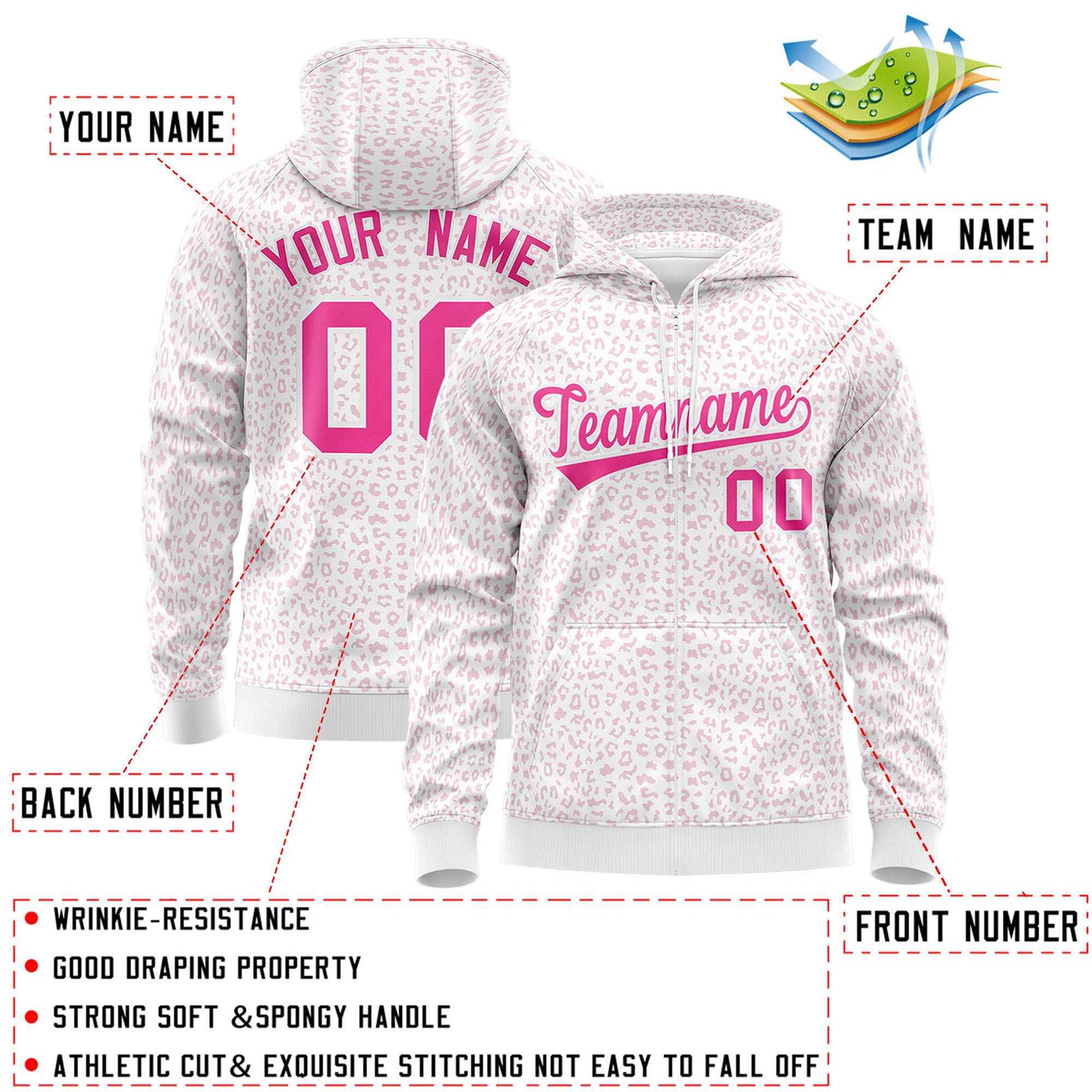 Custom Black Crimson Varsity Full-Zip Letterman Leopard Print Hoodie Jacket