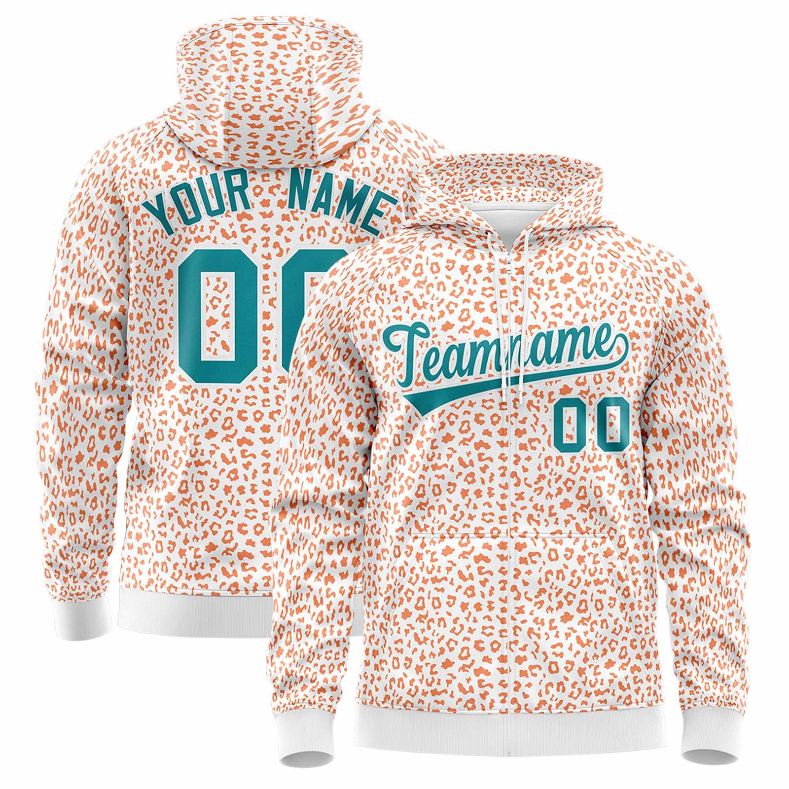 Custom White Orange Varsity Full-Zip Letterman Leopard Print Jacket Hoodie