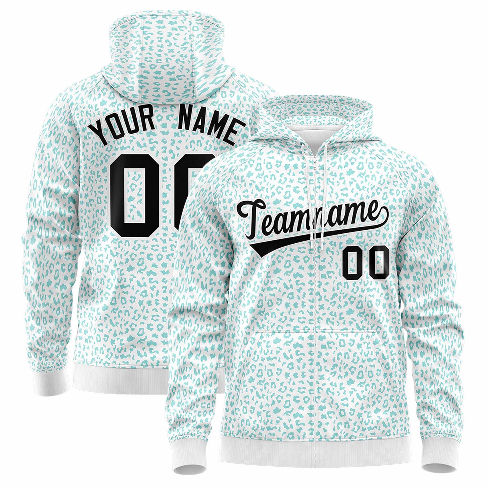 Custom White Bright Green Varsity Full-Zip Letterman Leopard Print Jacket Hoodie