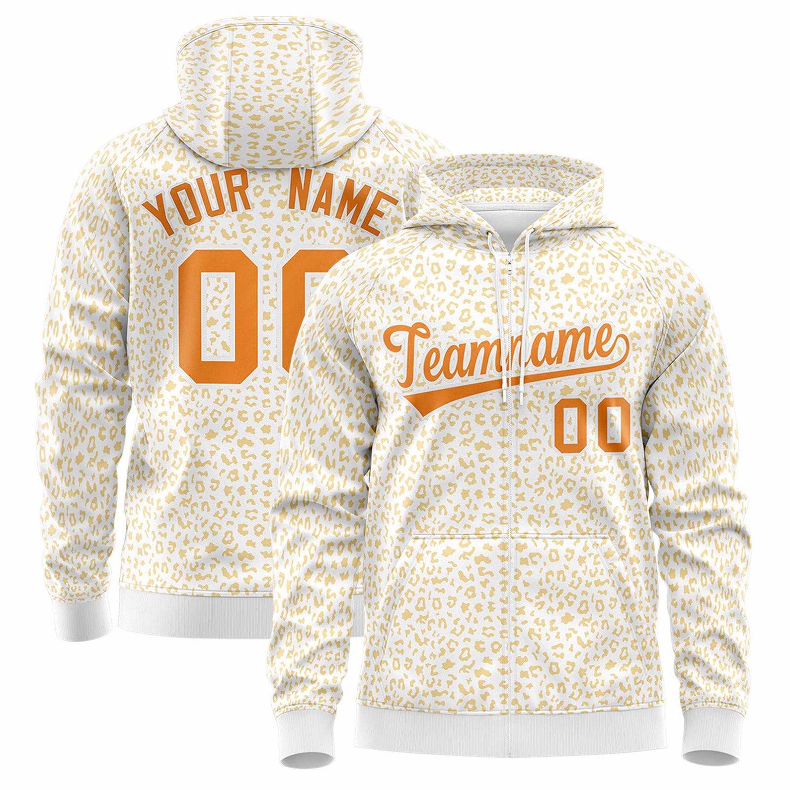 Custom White Orange Varsity Full-Zip Letterman Leopard Print Jacket Hoodie