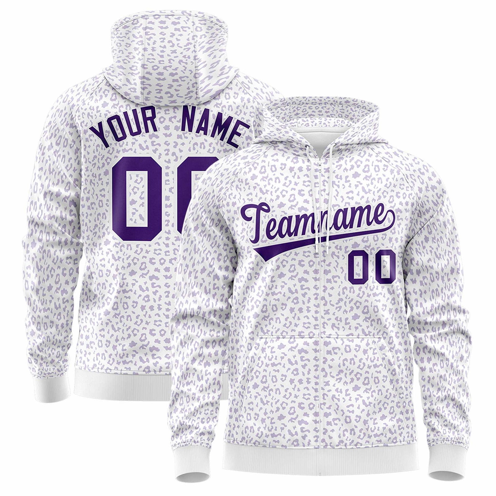 Custom White Purple Varsity Full-Zip Letterman Leopard Print Jacket Hoodie