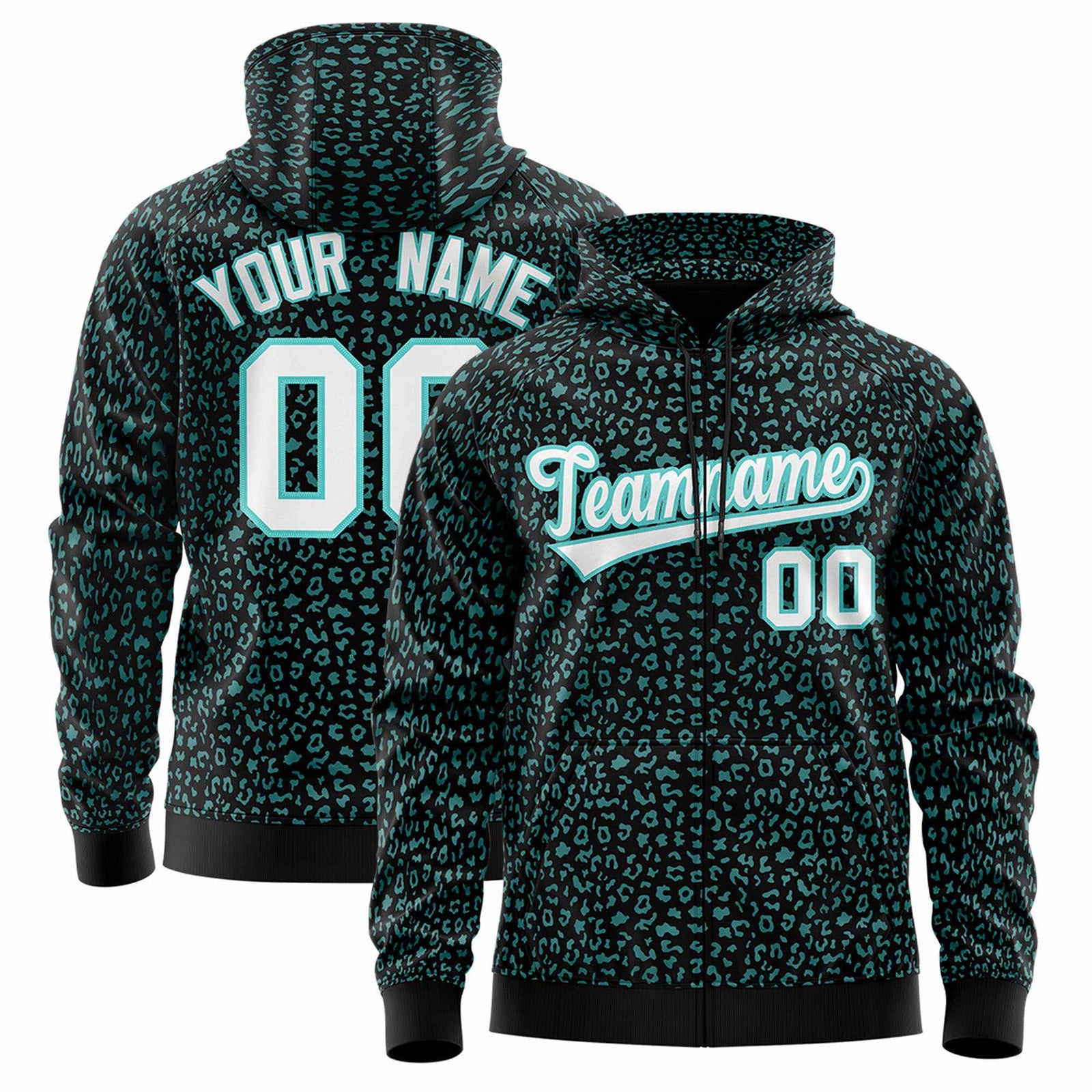 Custom Black Bright Green Varsity Full-Zip Letterman Leopard Print Jacket Hoodie
