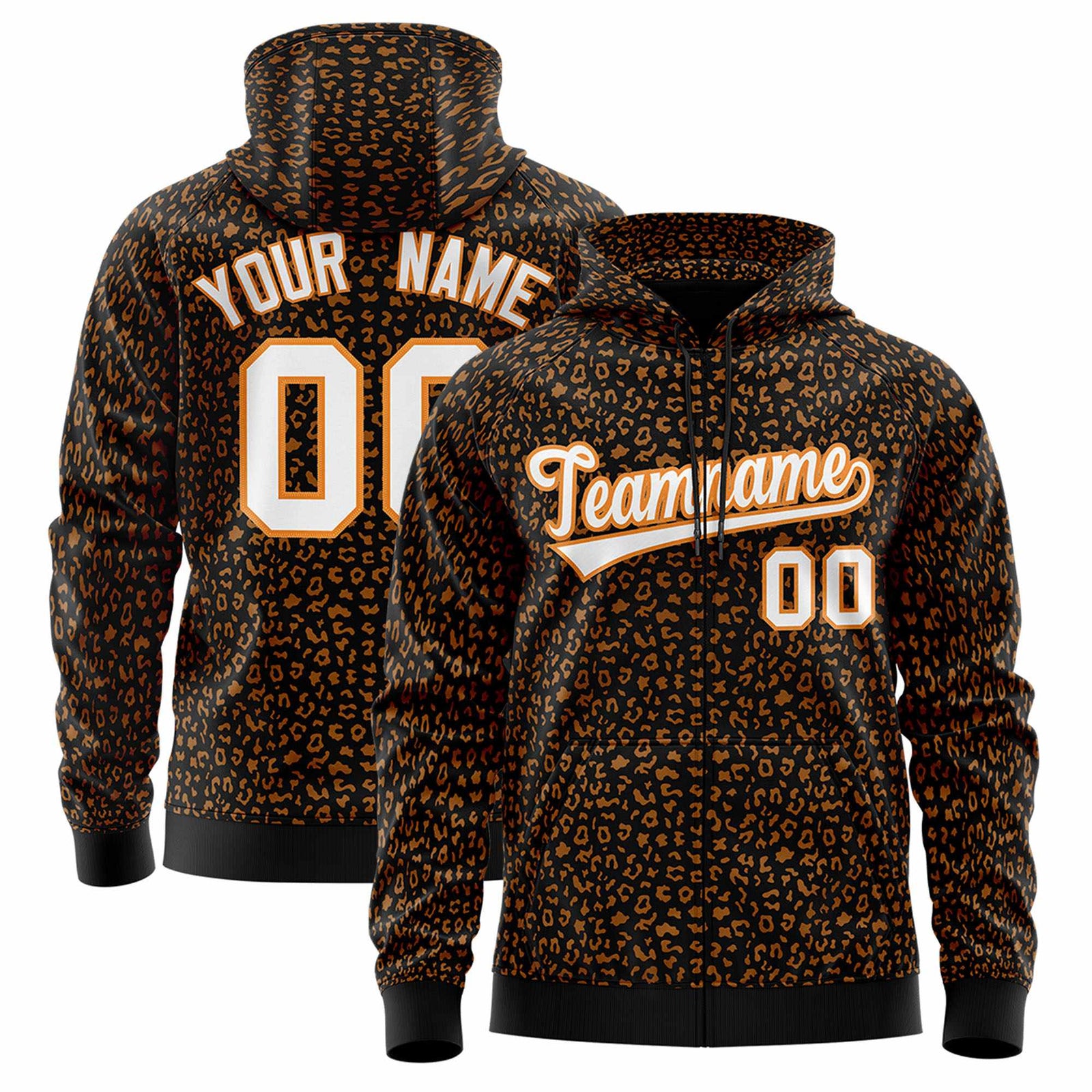 Custom Black Orange Varsity Full-Zip Letterman Leopard Print Jacket Hoodie