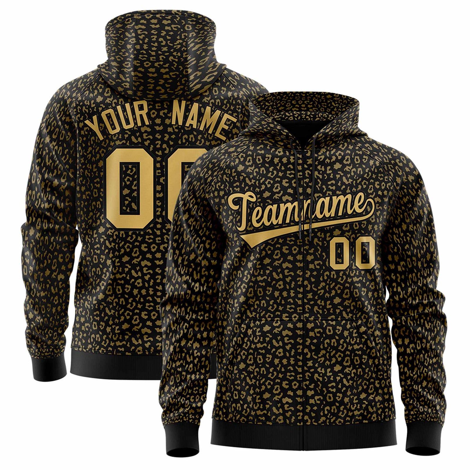 Custom Black Old Gold Varsity Full-Zip Letterman Leopard Print Jacket Hoodie
