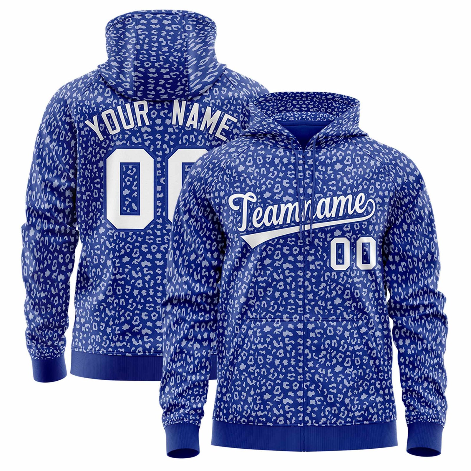 Custom Royal White Varsity Full-Zip Letterman Leopard Print Jacket Hoodie