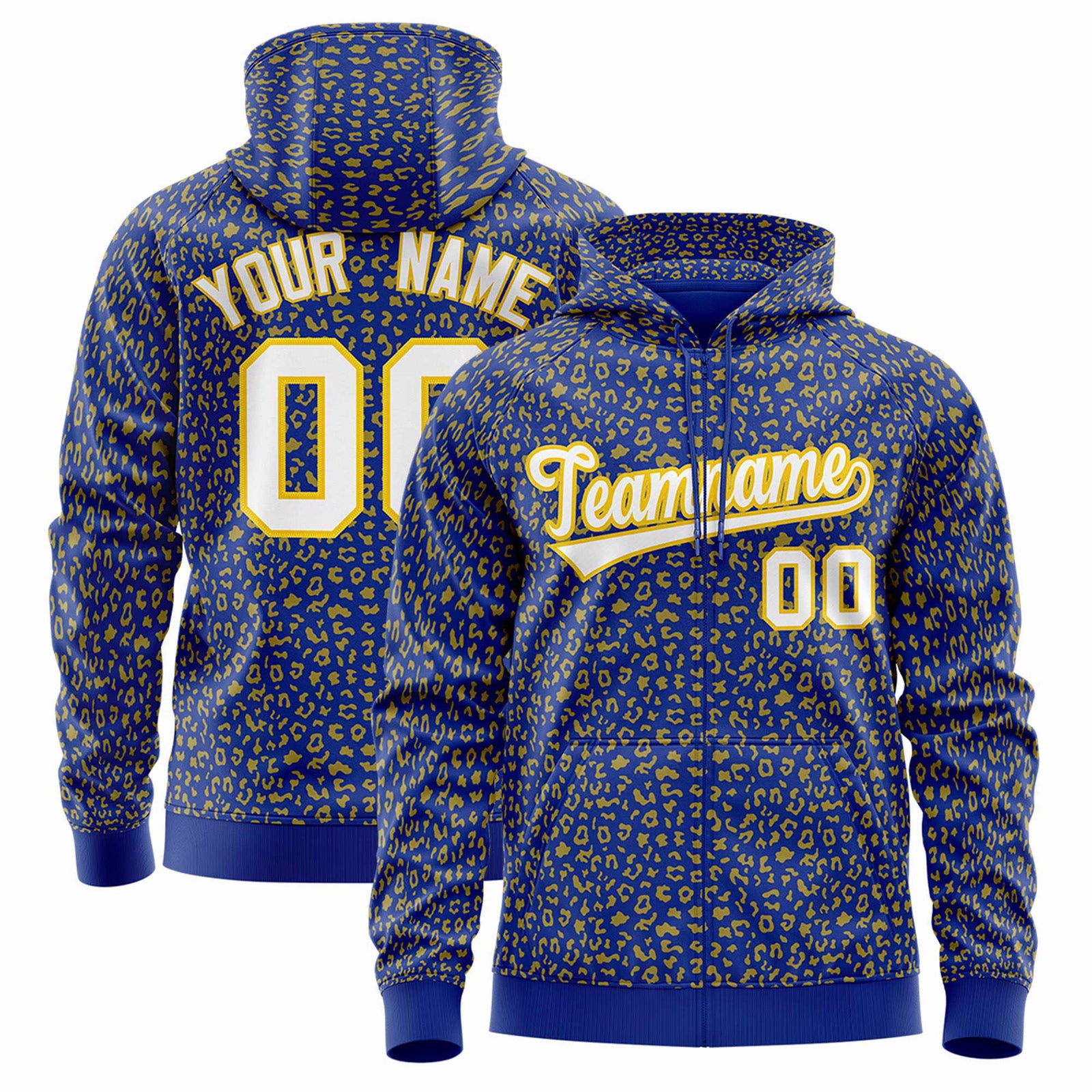 Custom Royal Gold Varsity Full-Zip Letterman Leopard Print Jacket Hoodie