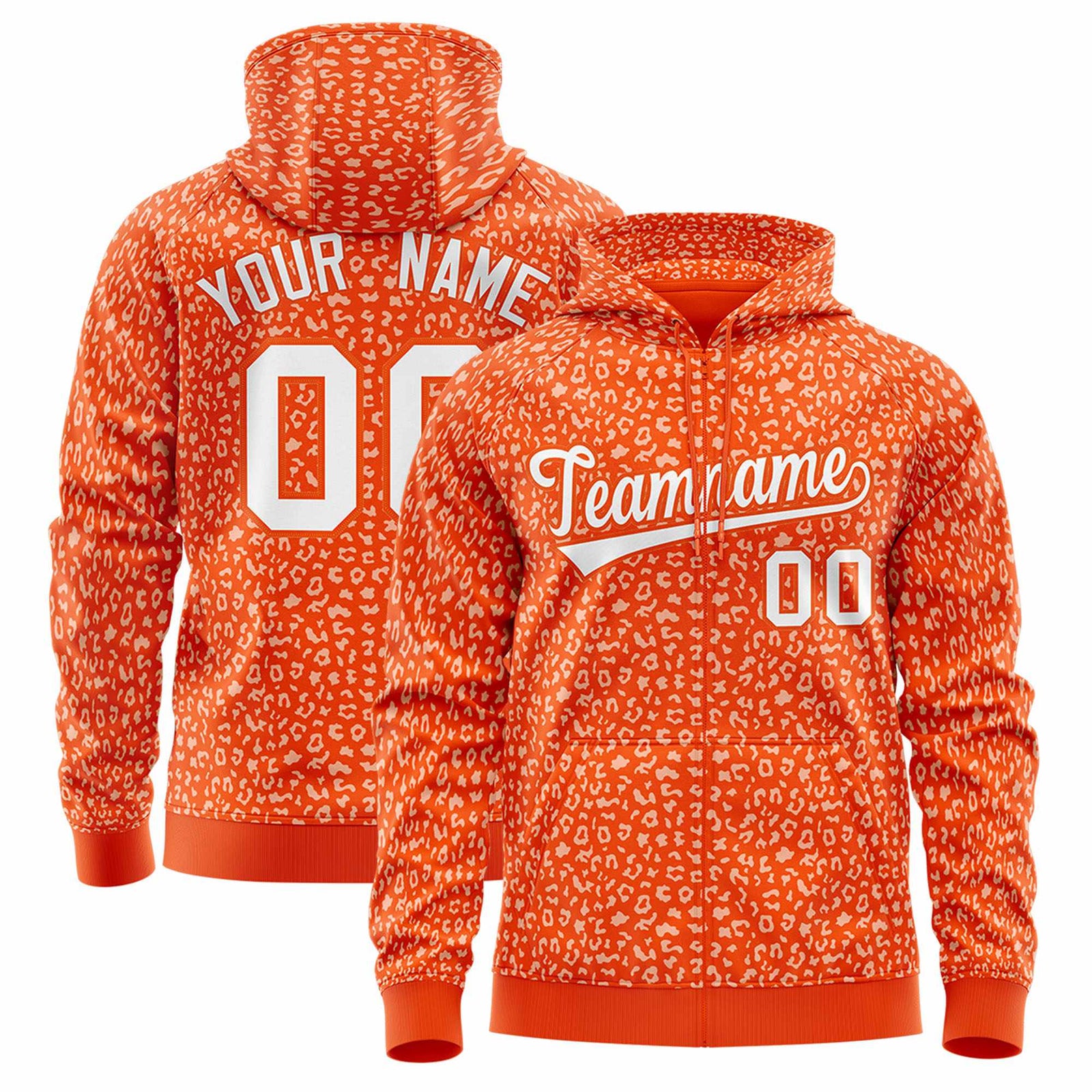 Custom Orange White Varsity Full-Zip Letterman Leopard Print Jacket Hoodie