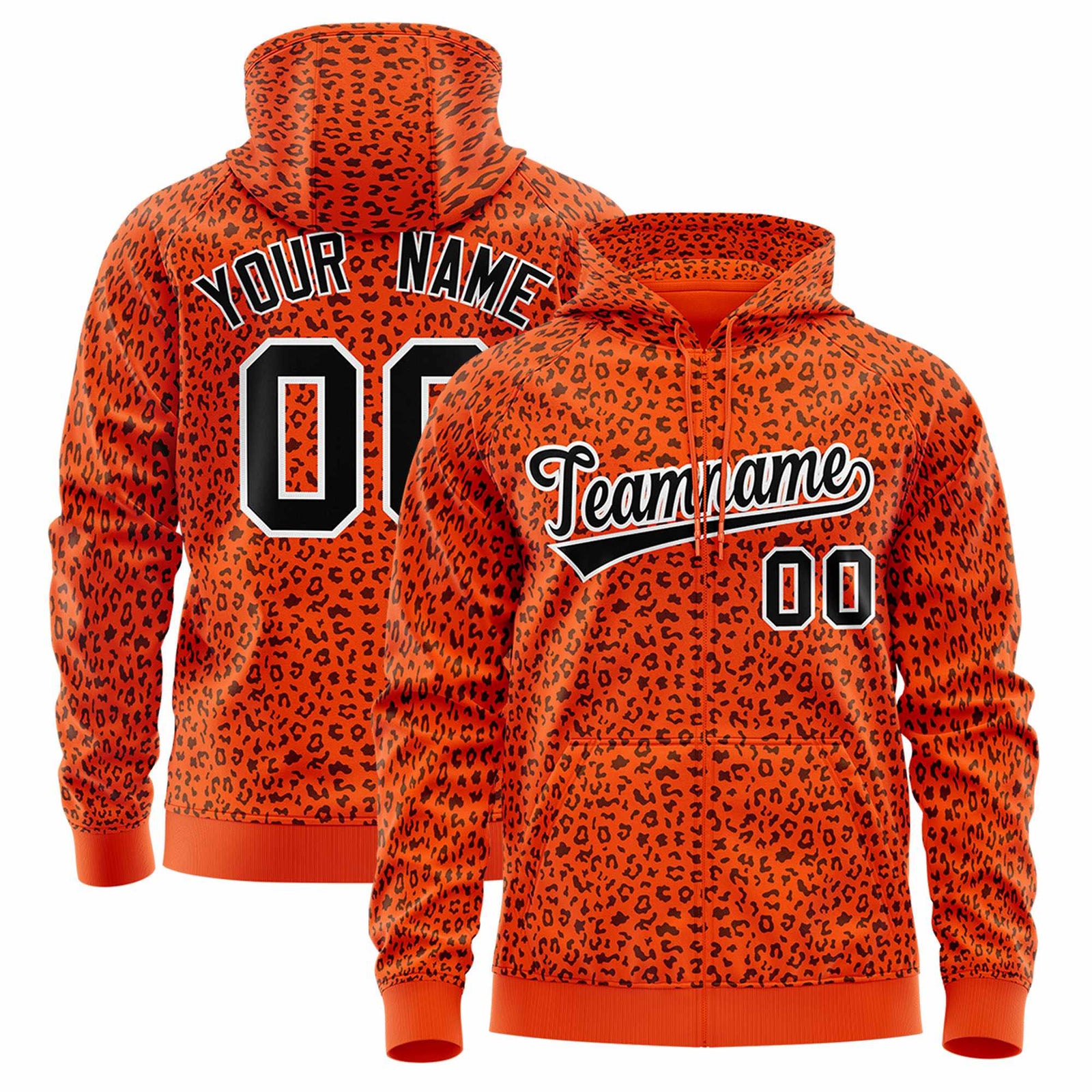 Custom Orange Black Varsity Full-Zip Letterman Leopard Print Jacket Hoodie