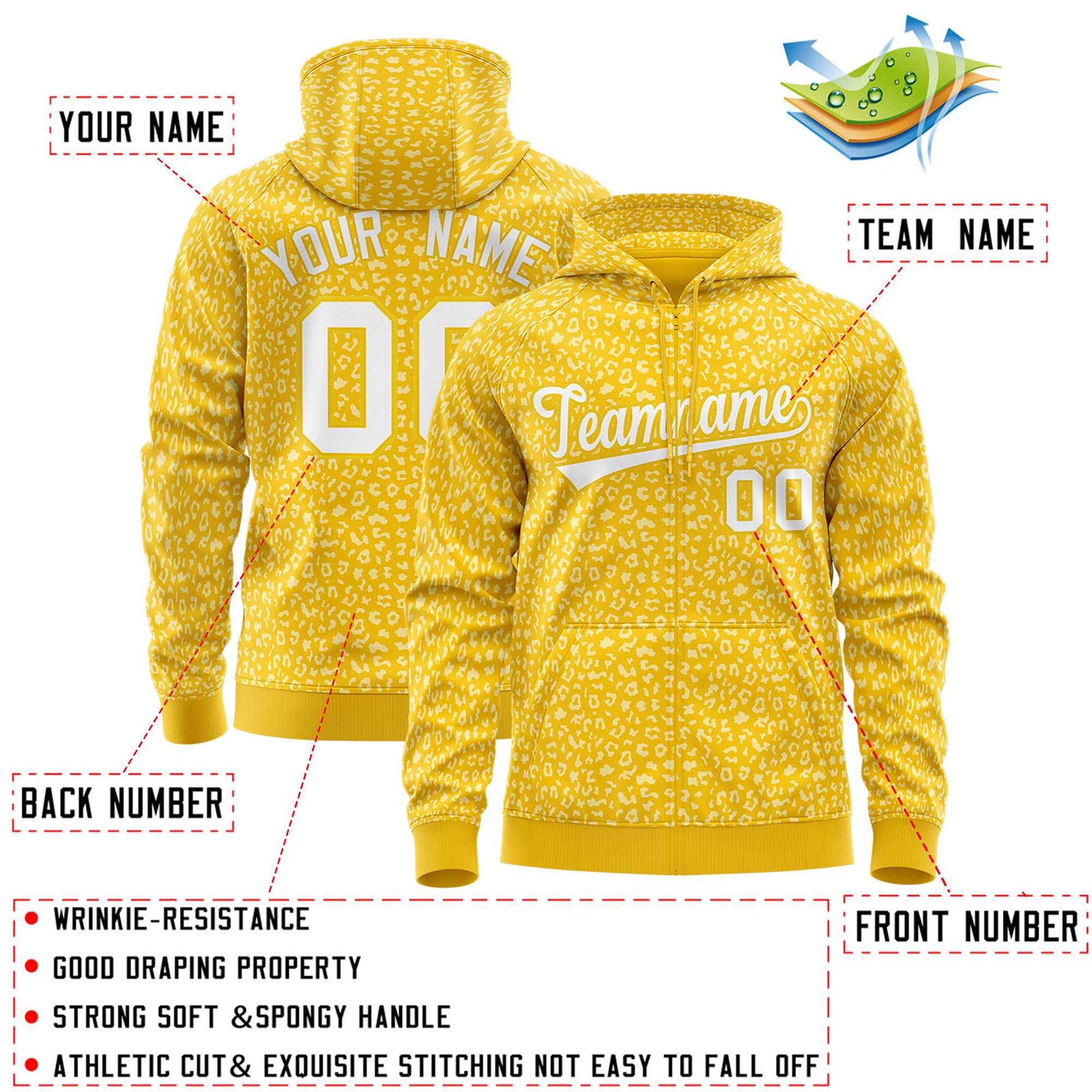Custom Gold White Varsity Full-Zip Letterman Leopard Print Hoodie Jacket