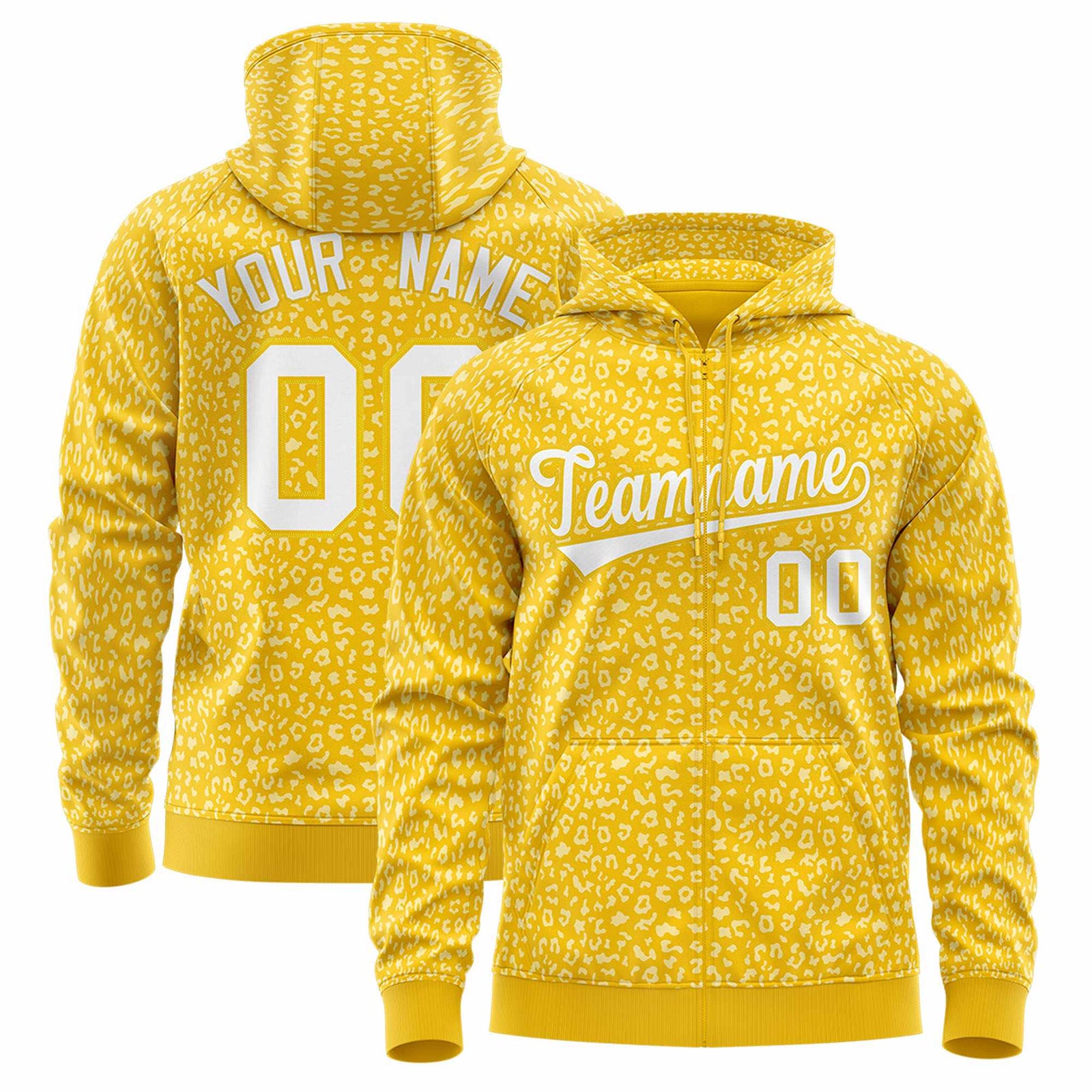 Custom Gold White Varsity Full-Zip Letterman Leopard Print Jacket Hoodie