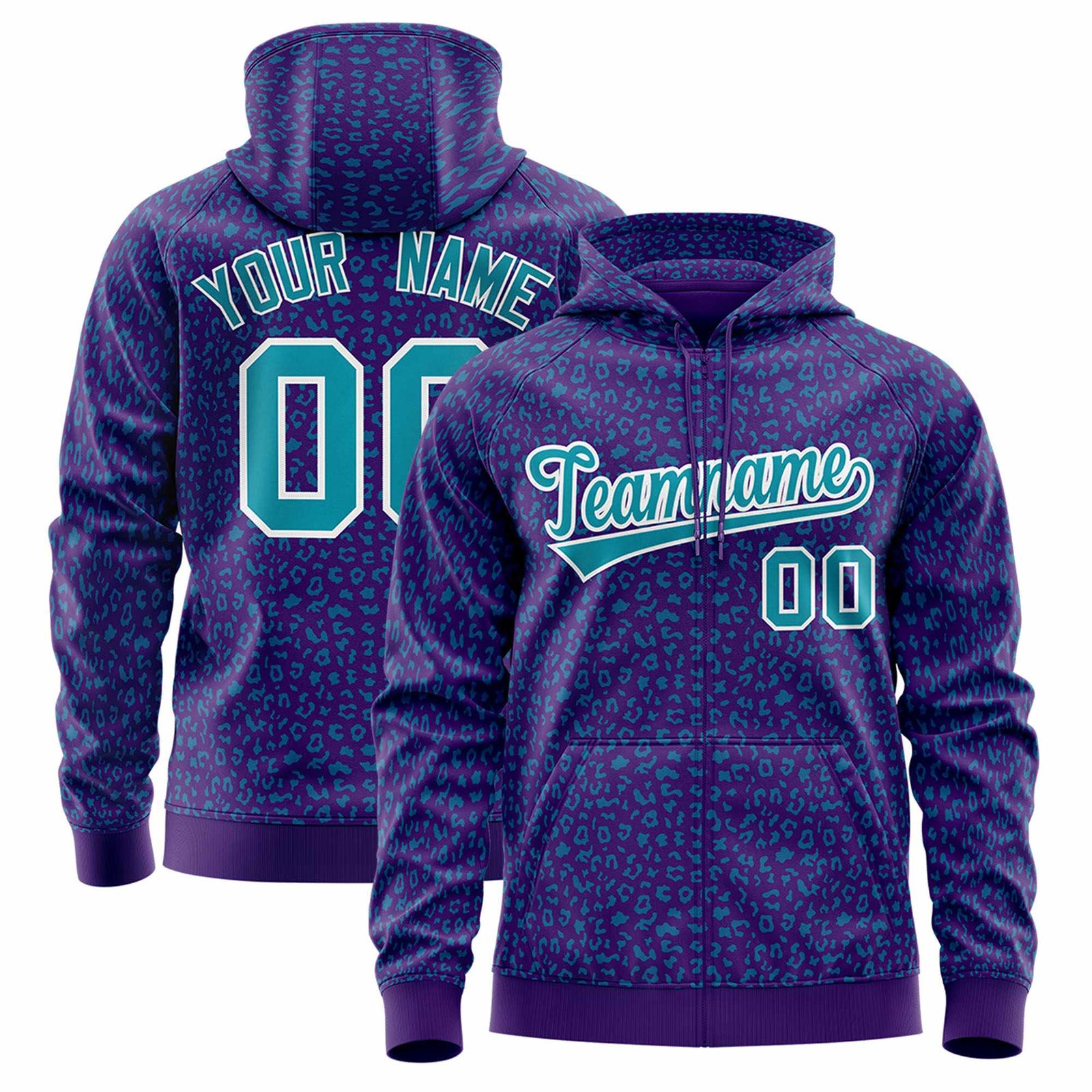 Custom Purple Teal Varsity Full-Zip Letterman Leopard Print Jacket Hoodie