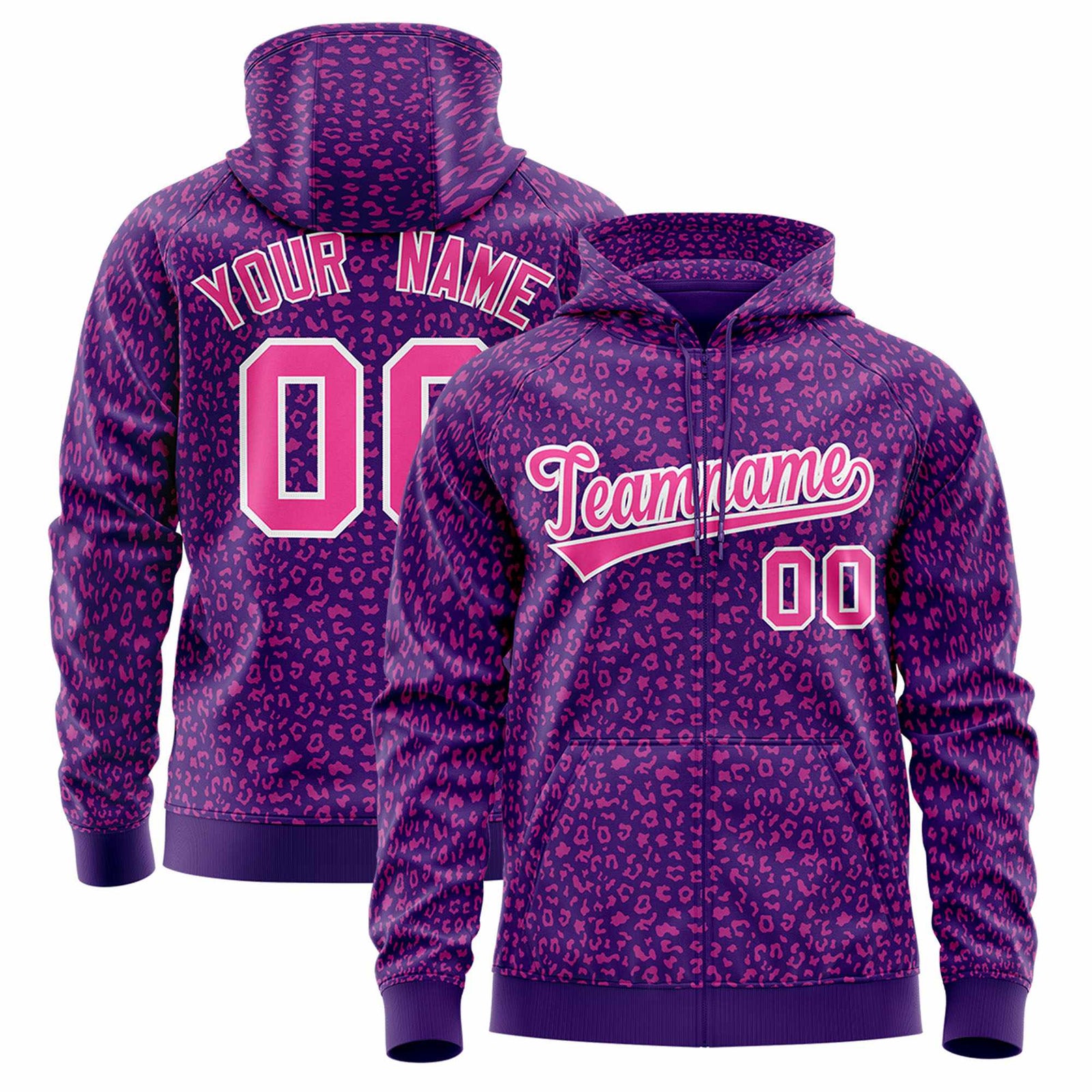 Custom Purple Pink Varsity Full-Zip Letterman Leopard Print Jacket Hoodie