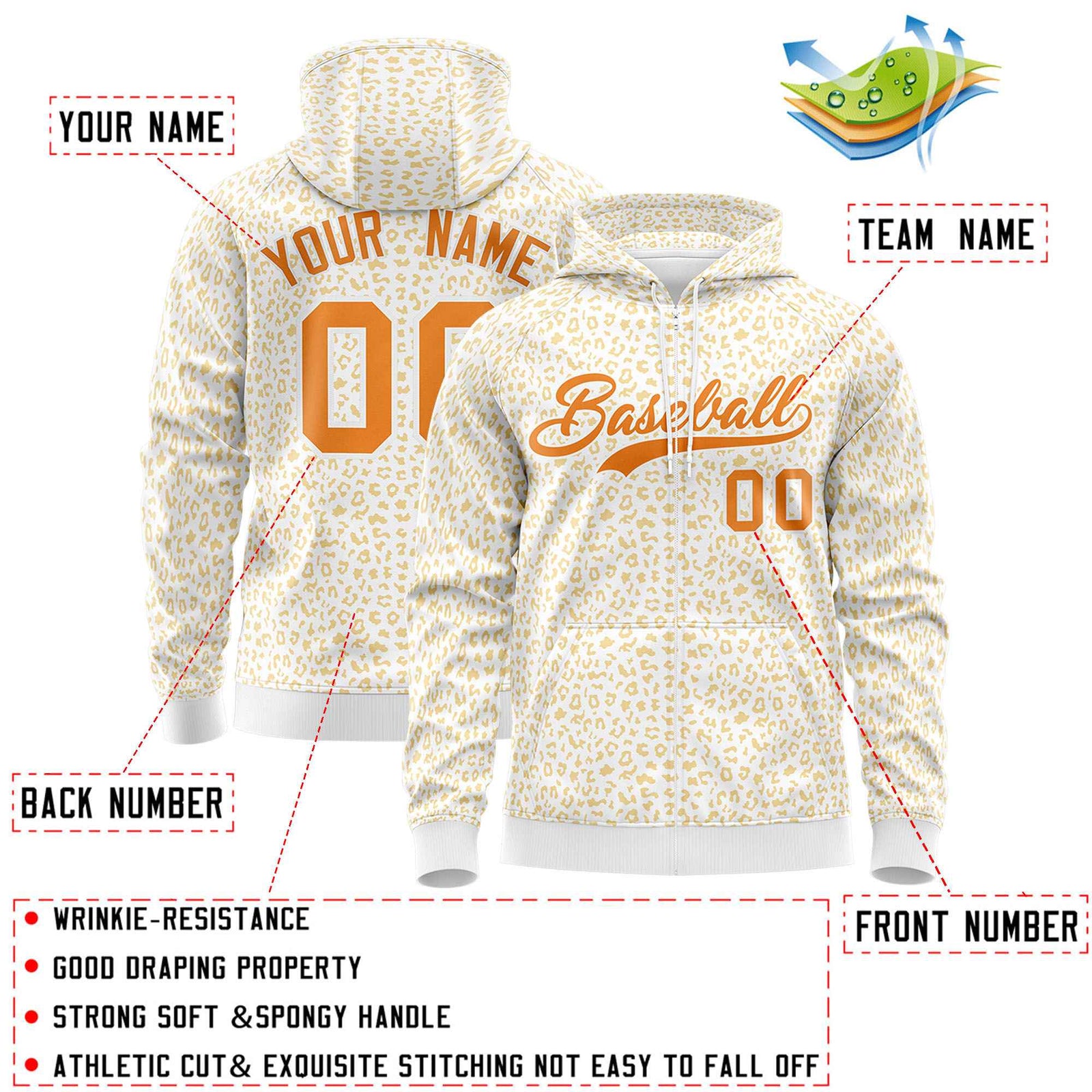 Custom Neon Green White Varsity Full-Zip Letterman Leopard Print Hoodie Jacket