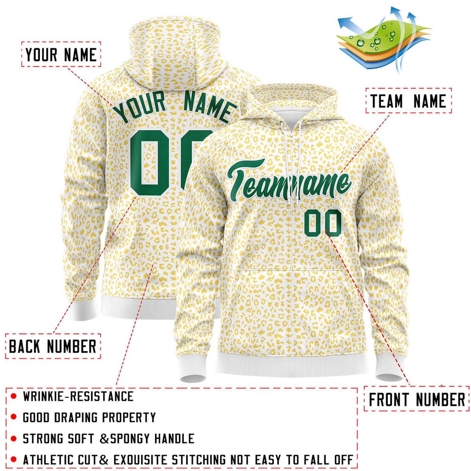 Custom White Gold Varsity Full-Zip Letterman Leopard Print Hoodie Jacket
