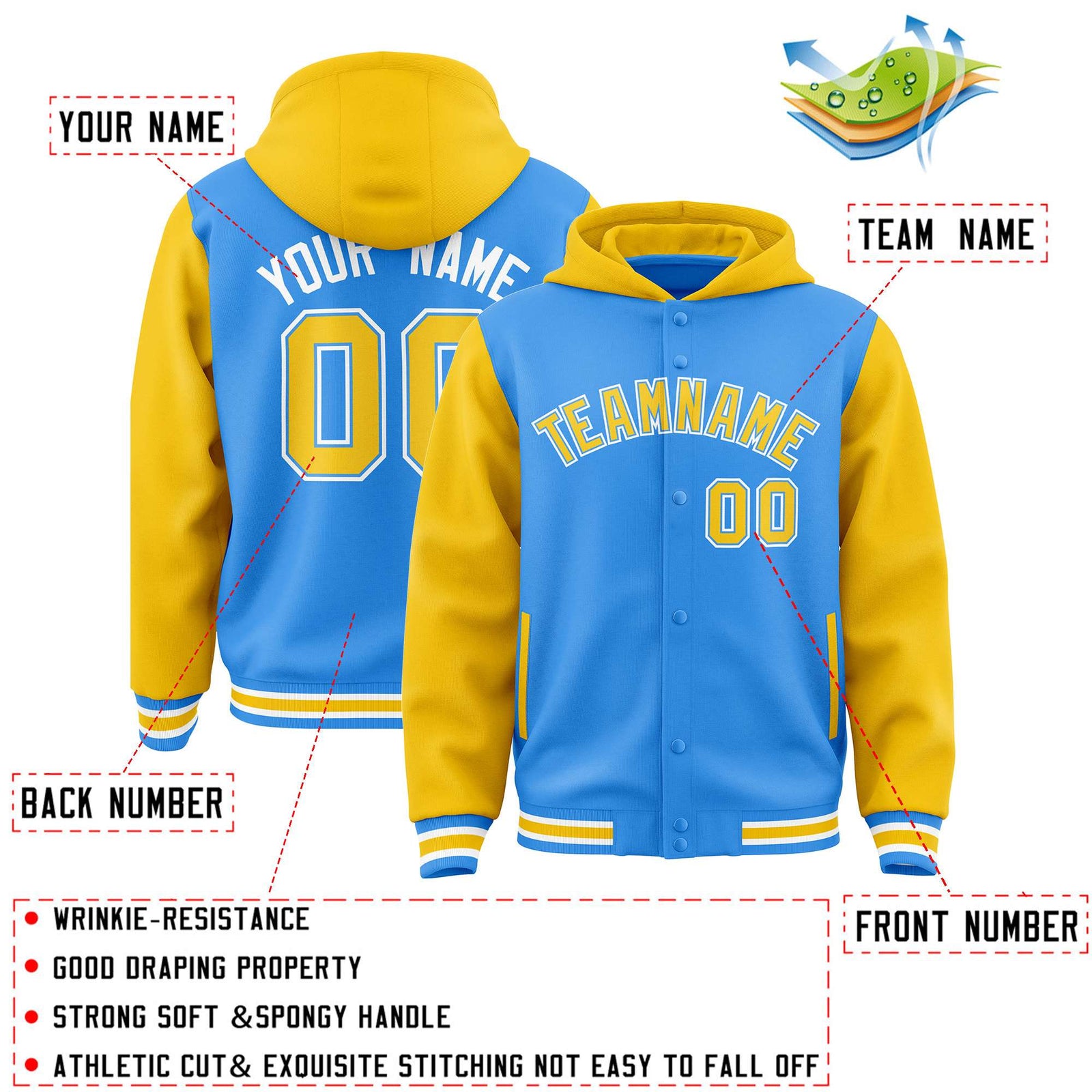 Custom Powder Blue Gold Raglan Sleeves Varsity Full-Snap Letterman Two Tone Hoodie Jacket
