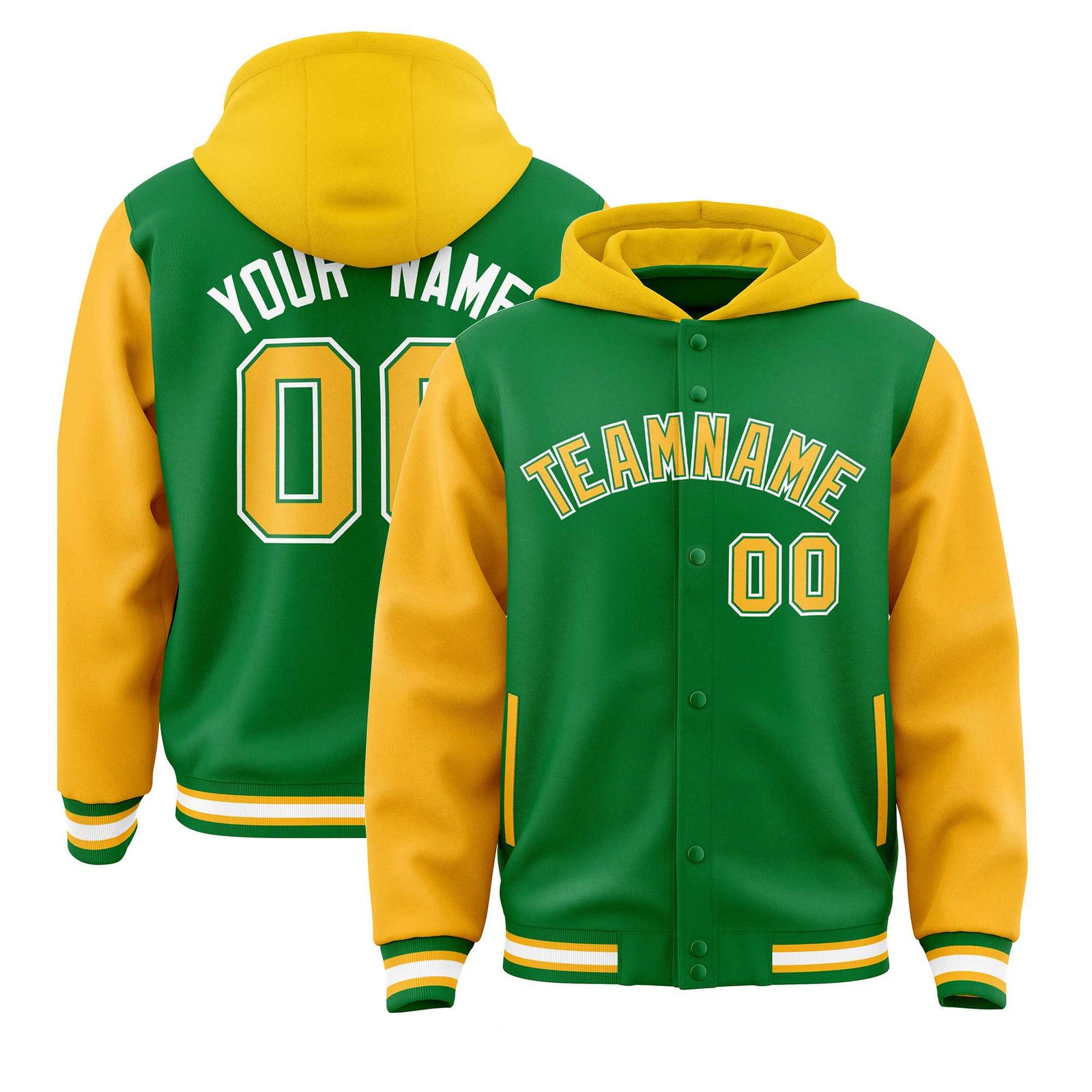 Custom Kelly Green Gold Raglan Sleeves Varsity Full-Snap Letterman Two Tone Hoodie Jacket