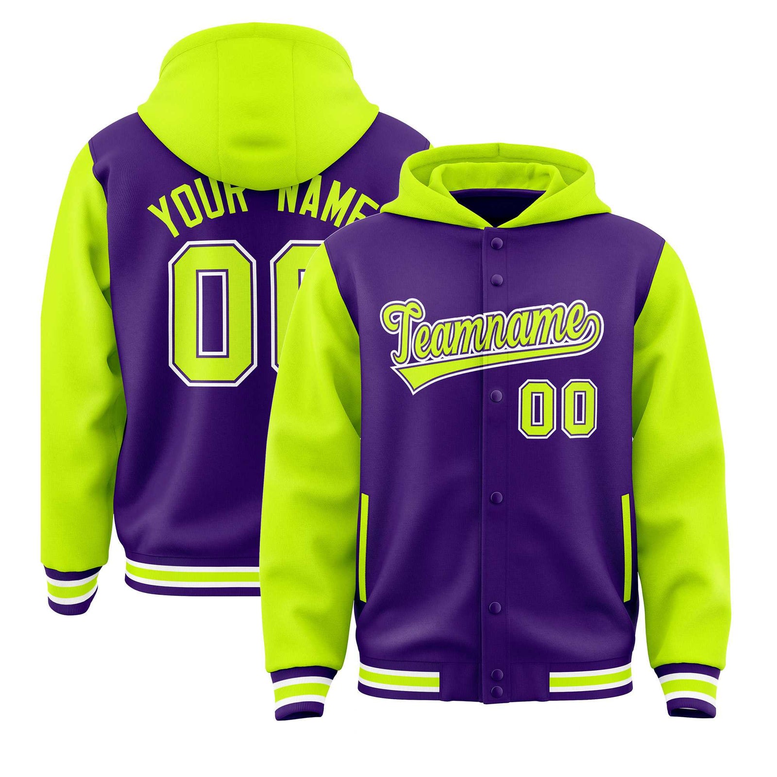 Custom Purple Neon Green Raglan Sleeves Varsity Full-Snap Letterman Two Tone Jacket Hoodie