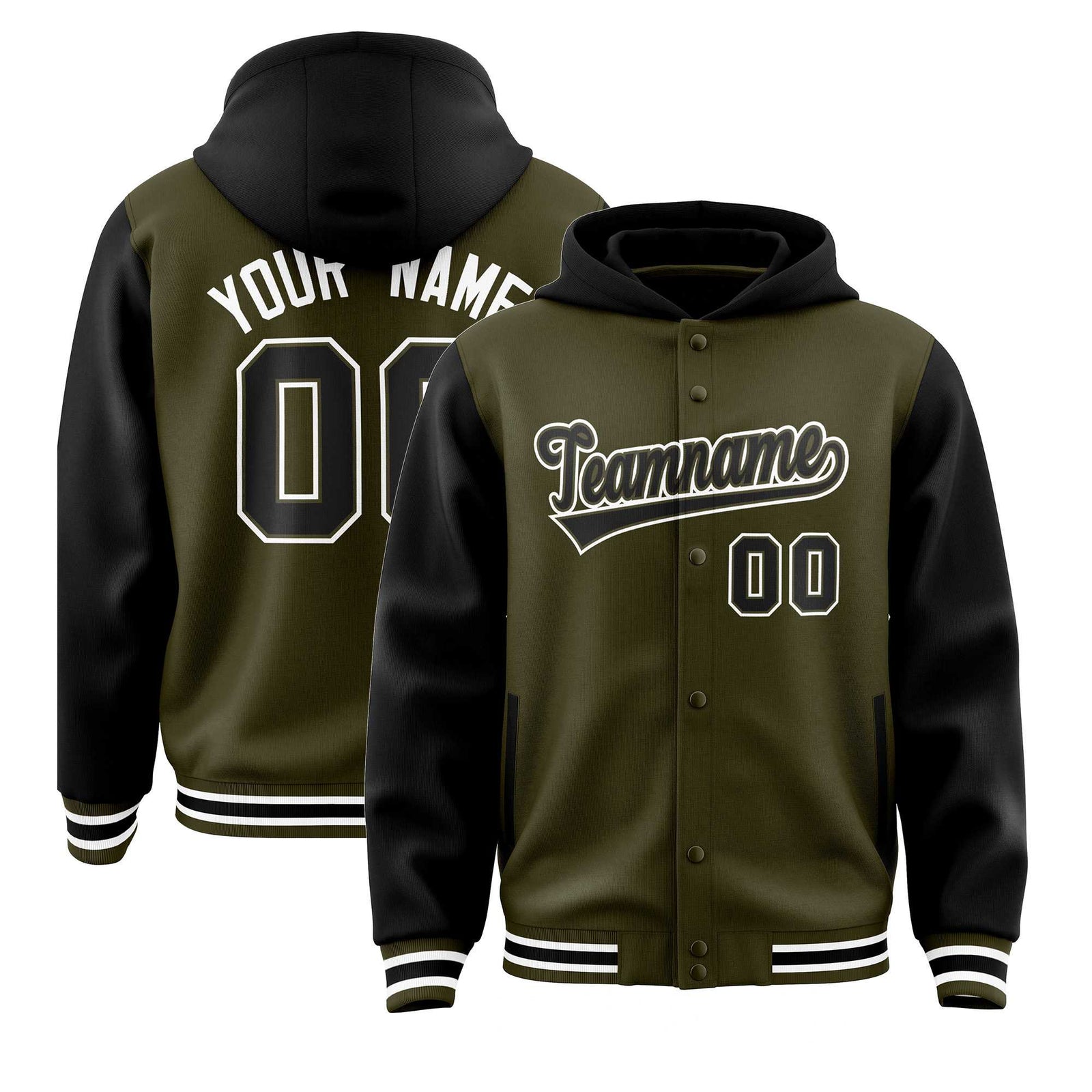 Custom Olive Black Raglan Sleeves Varsity Full-Snap Letterman Two Tone Jacket Hoodie