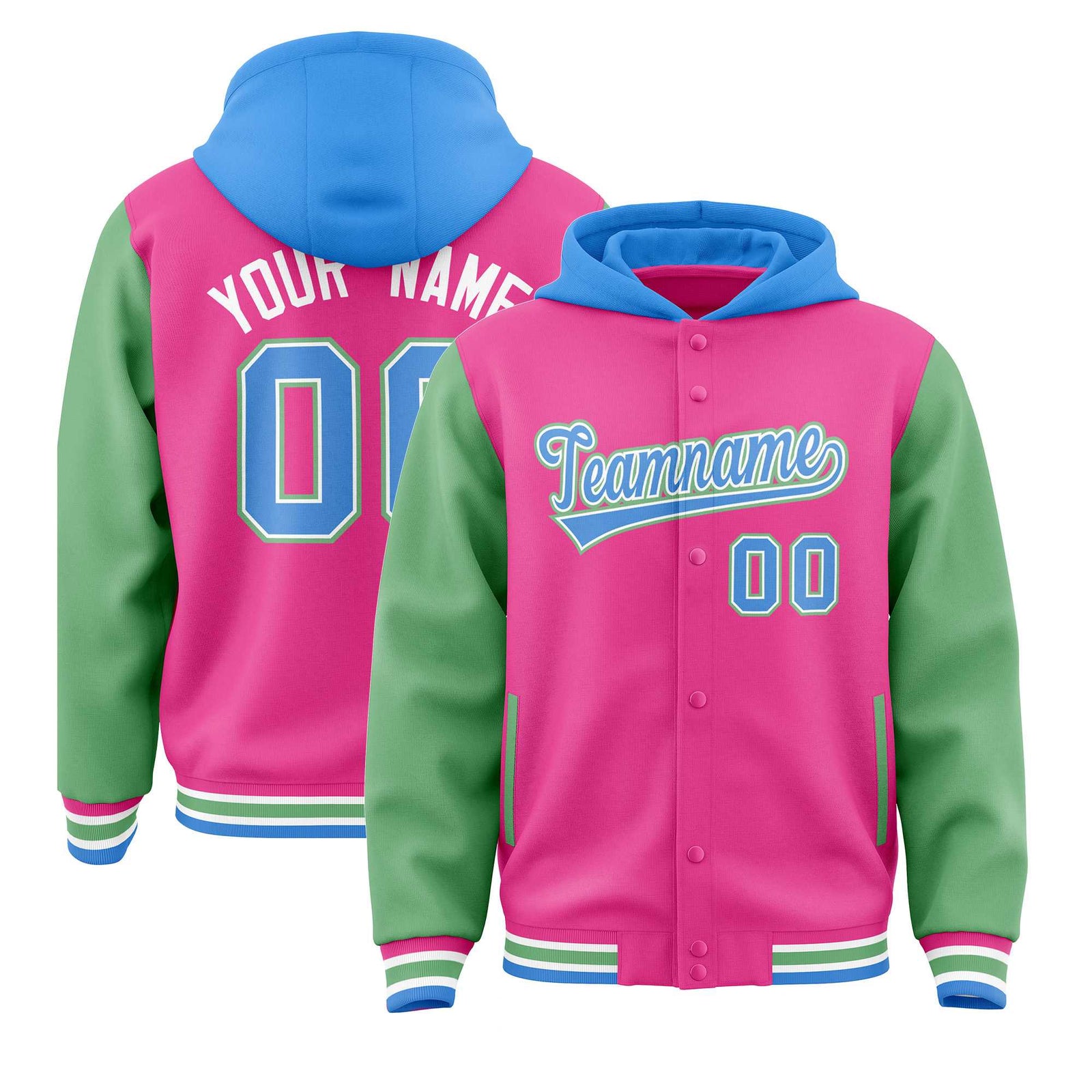 Custom Pink Green-Powder Blue Raglan Sleeves Varsity Full-Snap Letterman Two Tone Jacket Hoodie