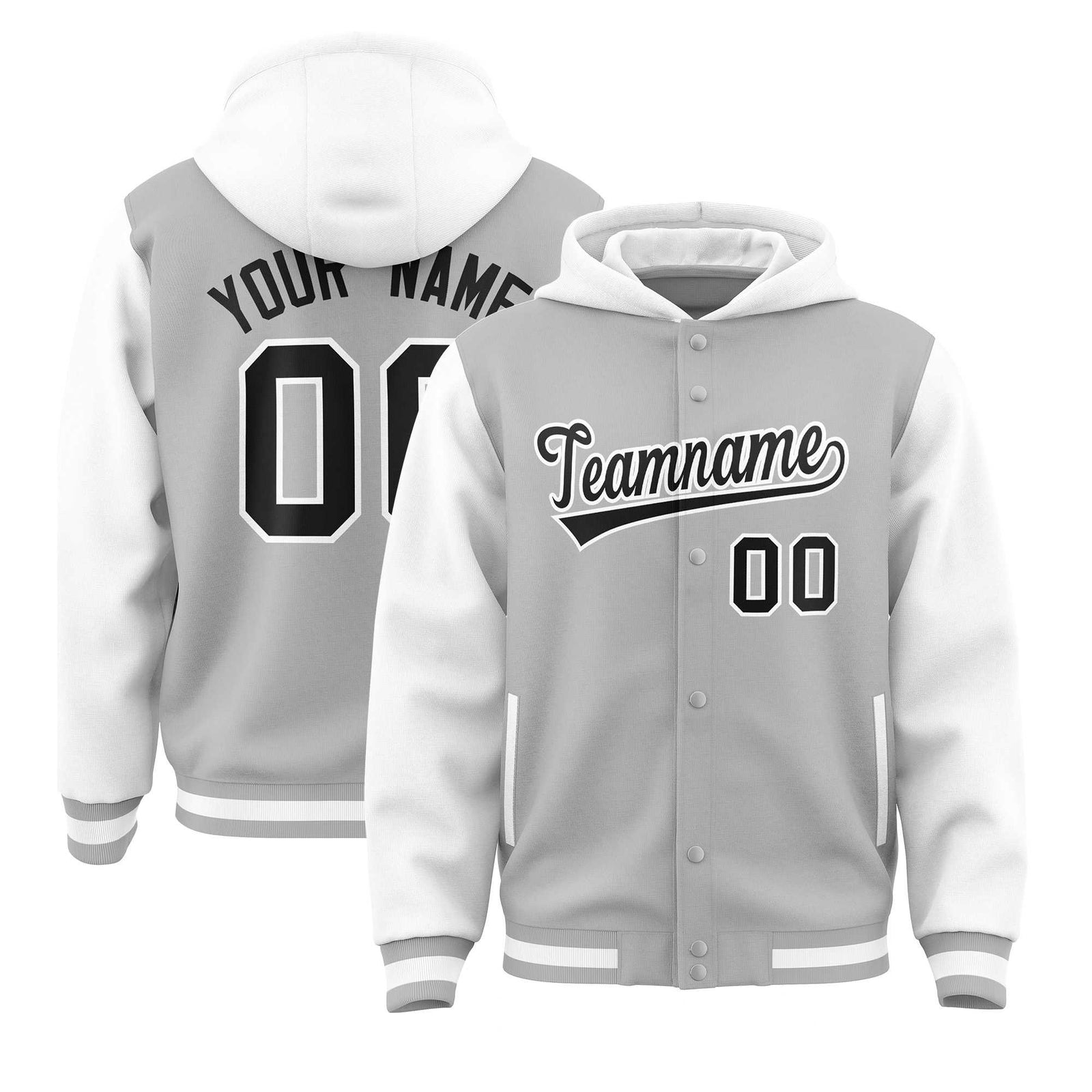 Custom Gray White Raglan Sleeves Varsity Full-Snap Letterman Two Tone Jacket Hoodie