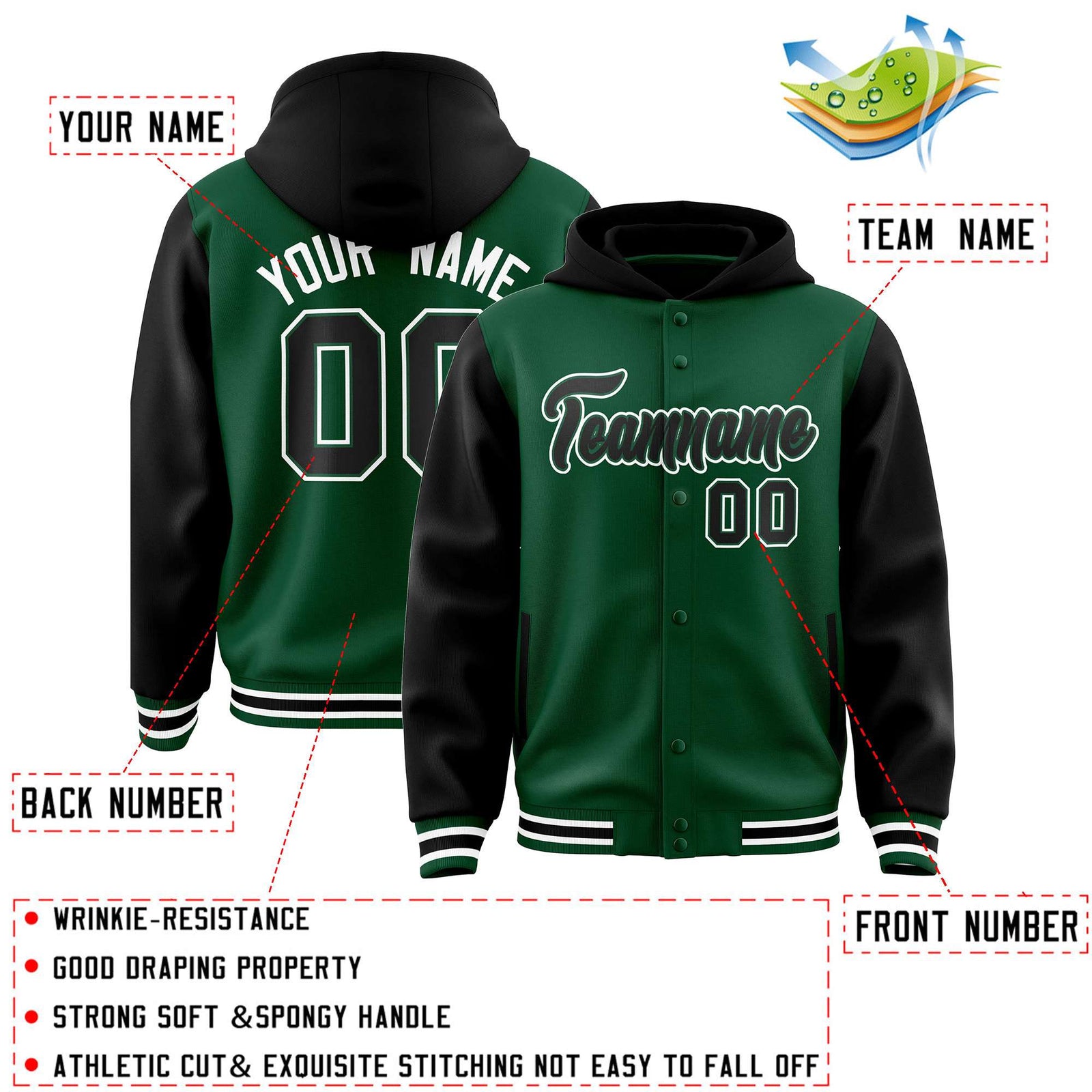 Custom Green Black Raglan Sleeves Varsity Full-Snap Letterman Two Tone Hoodie Jacket