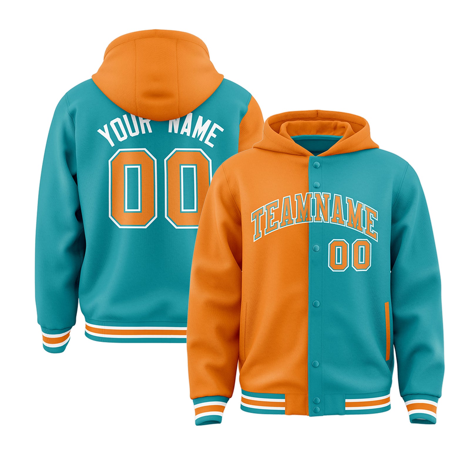 Custom Orange Aqua Split Fashion Varsity Full-Snap Letterman Two Tone Hoodie Jacket