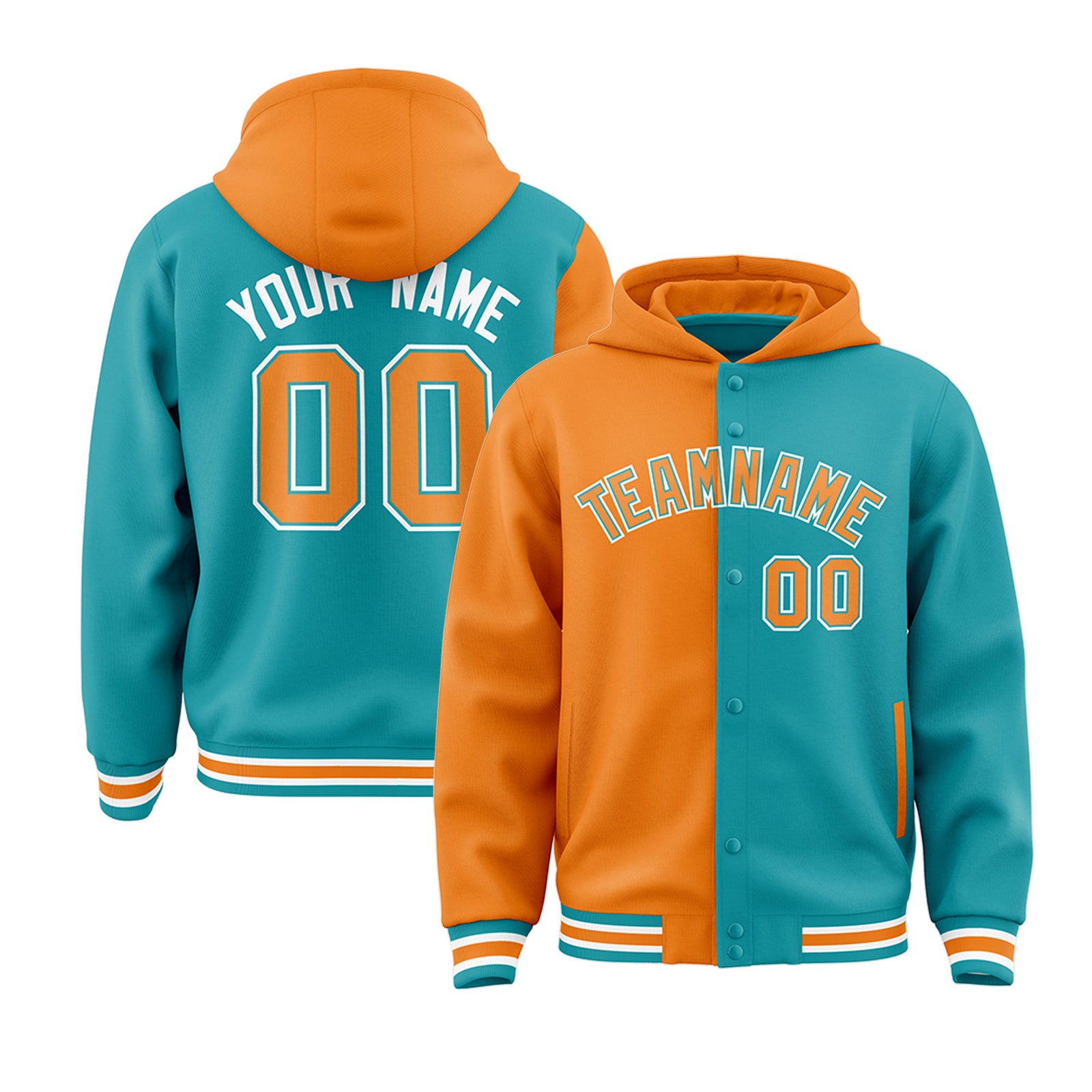 Custom Orange Aqua Split Fashion Varsity Full-Snap Letterman Two Tone Hoodie Jacket