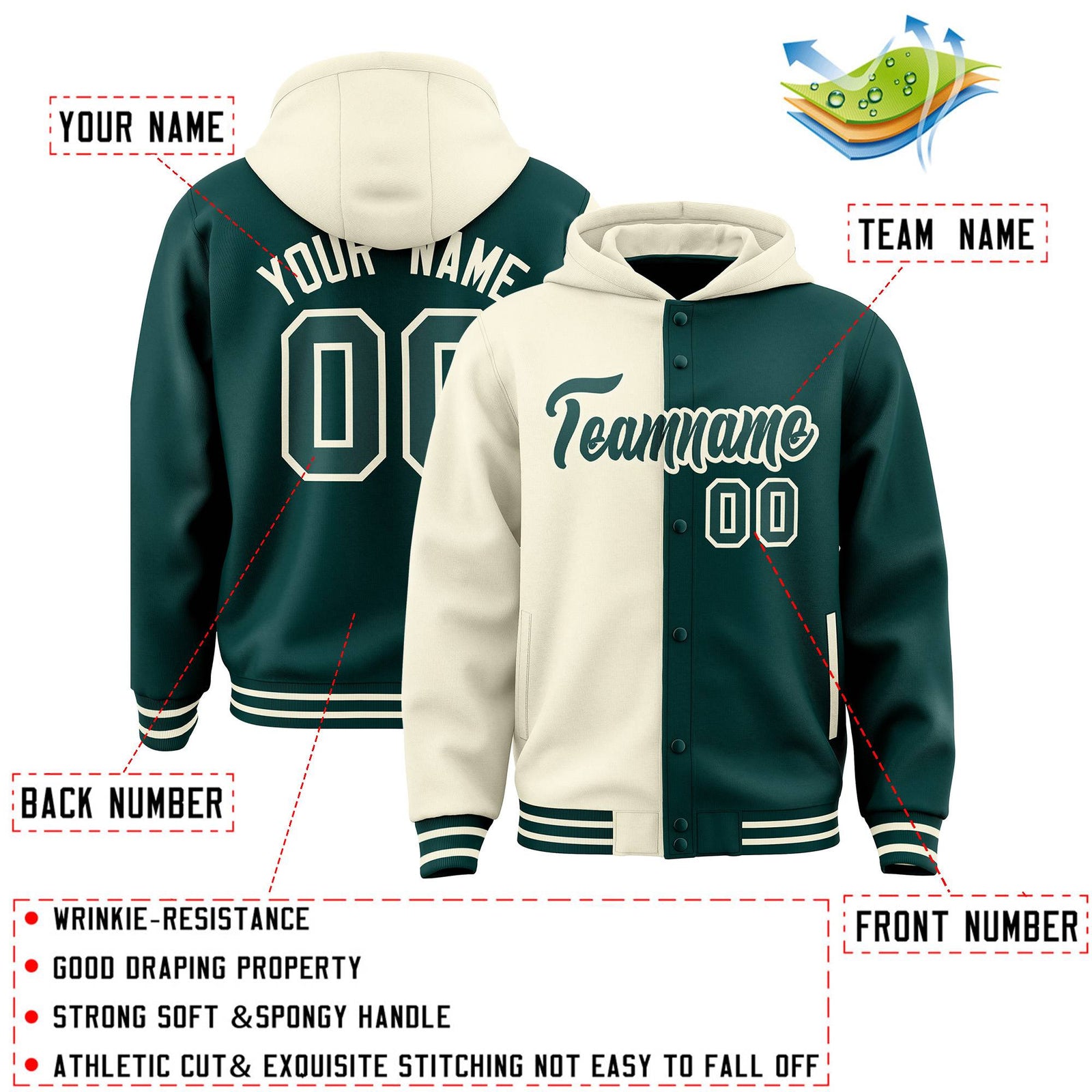 Custom Cream Midnight Green Split Fashion Varsity Full-Snap Letterman Two Tone Jacket Hoodie