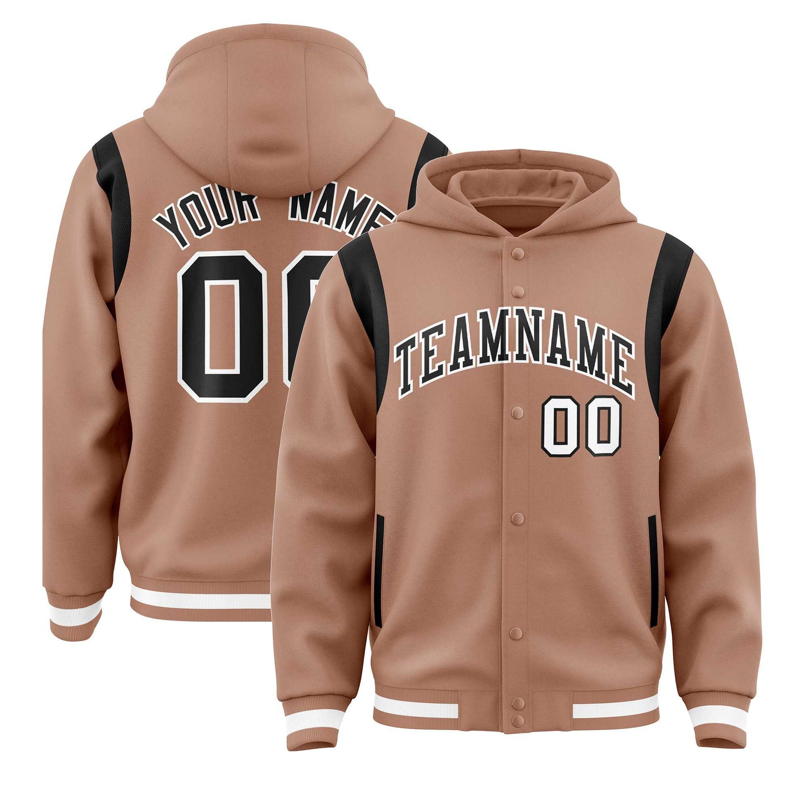 Custom Coffee Brown Black Varsity Full-Snap Letterman Shoulder Color Block Hoodie Jacket