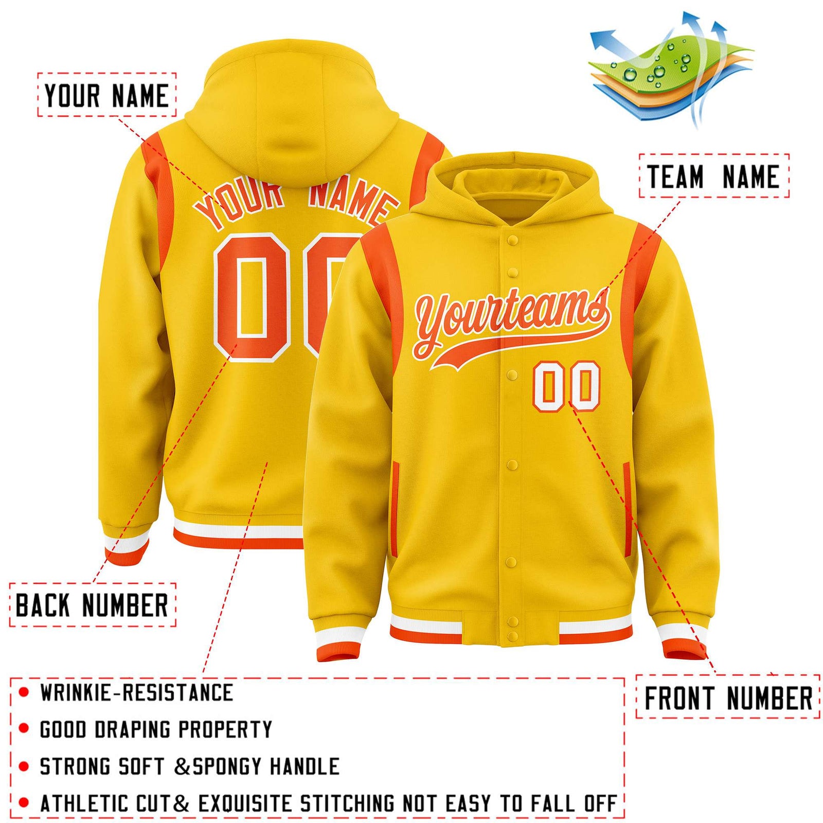 Custom Gold Orange Varsity Full-Snap Letterman Shoulder Color Block Hoodie Jacket