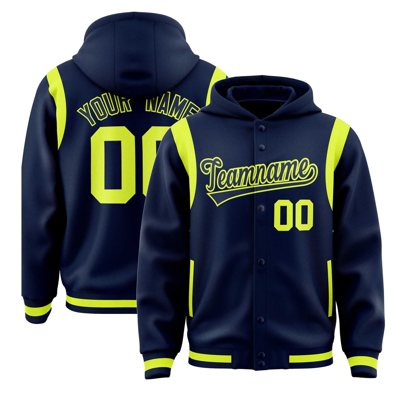 Custom Navy Navy Varsity Full-Snap Letterman Shoulder Color Block Jacket Hoodie